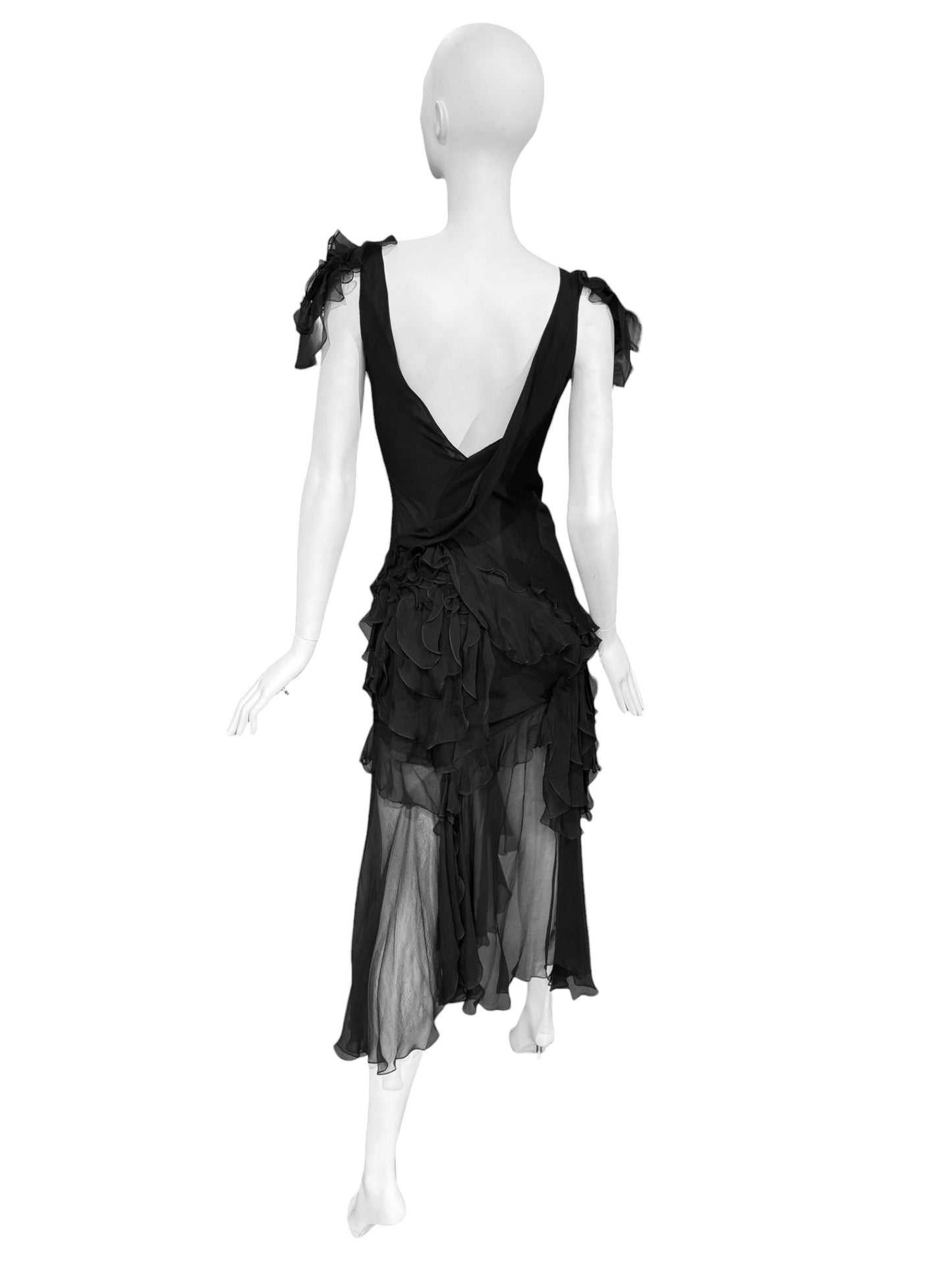 JOHN GALLIANO FW2004 BLACK SILK RUFFLES MAXI DRESS