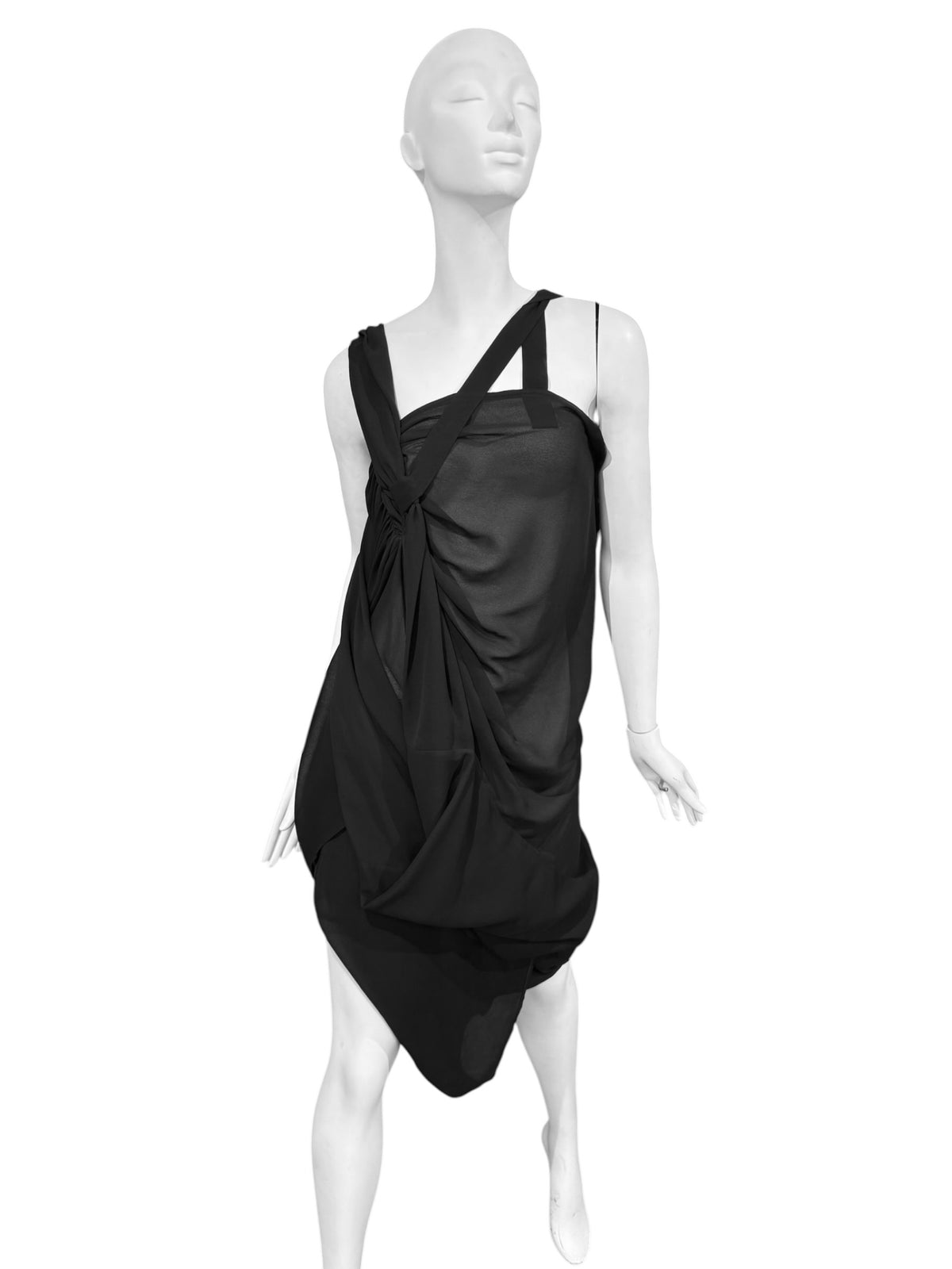 JUNYA WATANABE FW2009 BLACK SHEER ASYMMETRICAL DRAPED MIDI DRESS