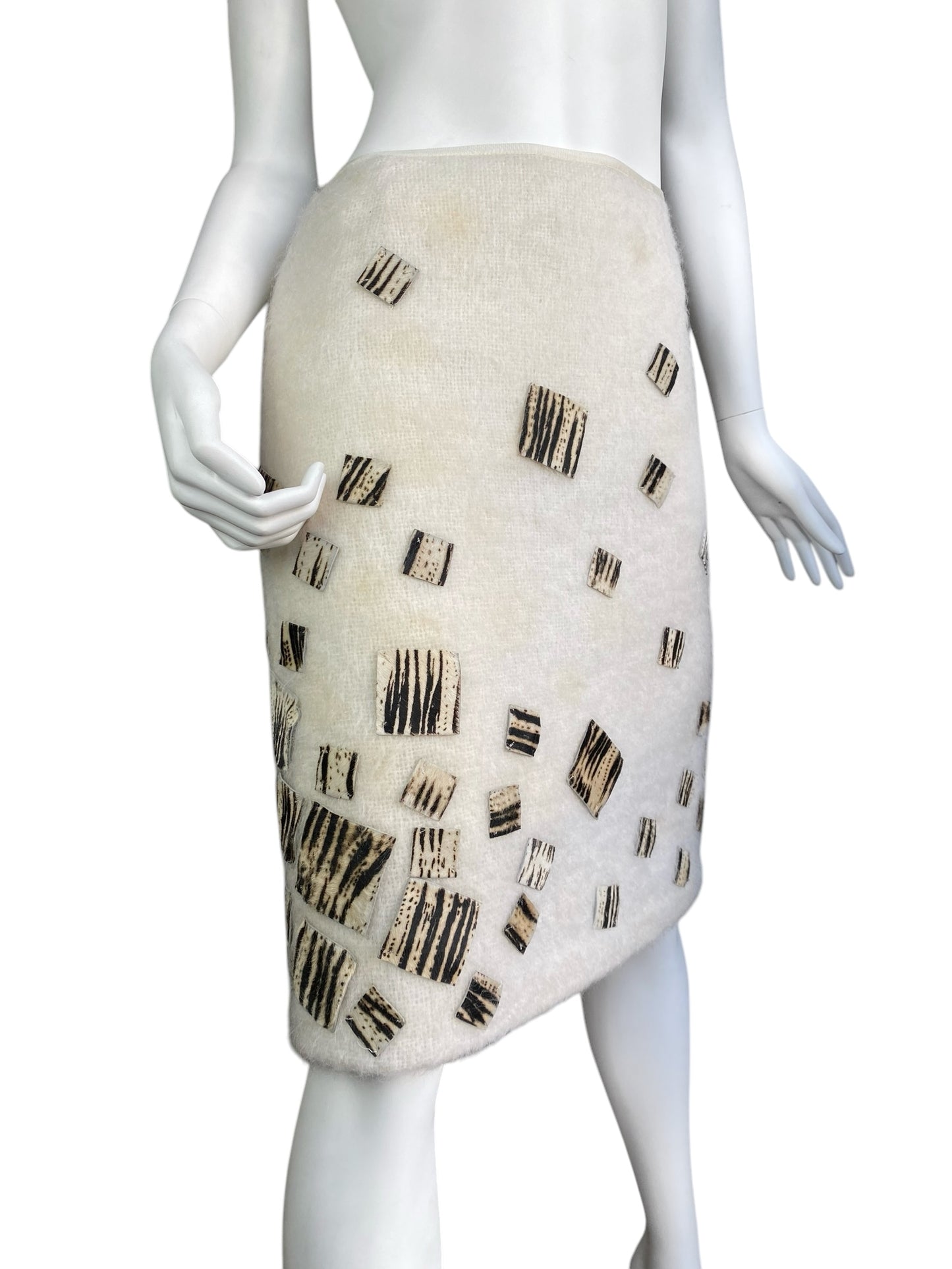 FENDI 1980s BY KARL LAGERFELD CREAM MOHAIR ZEBRA HAIRY LEATHER SQUARES MIDI SKIRT