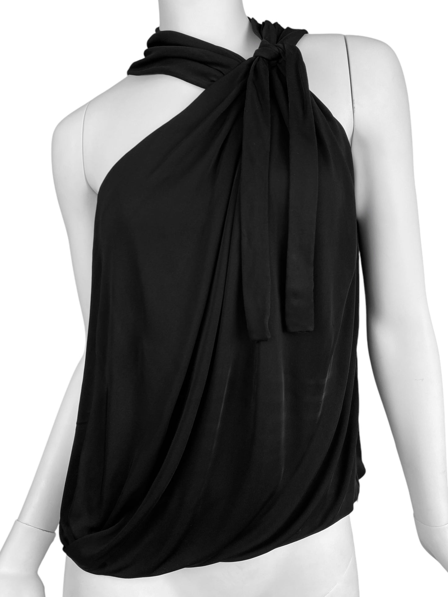 GUCCI FW2007 BY FRIDA GIANNINI BLACK ASYMMETRICAL DRAPED KNOT TANK TOP