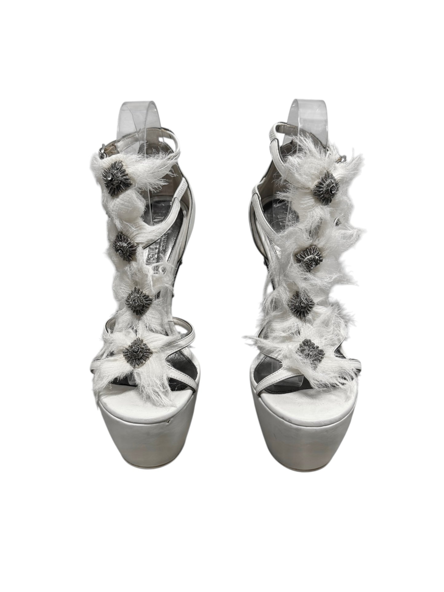 ALEXANDER MCQUEEN FW2011 BY SARAH BURTON WHITE LEATHER, SILK & METAL WEDGE SANDALS