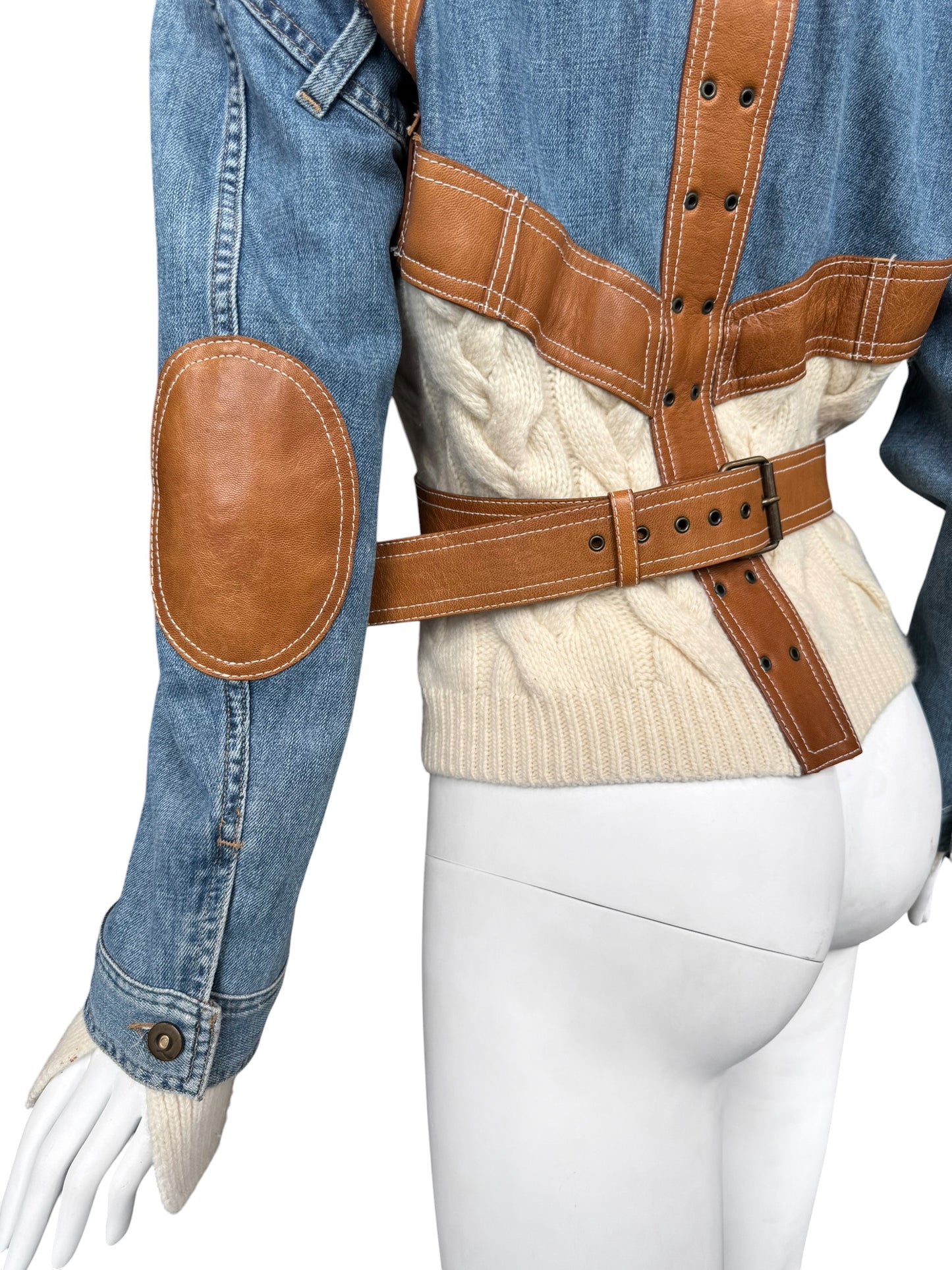 ALEXANDER MCQUEEN SS2004 ‘DELIVERANCE’ BLUE DENIM, BROWN LEATHER & CREAM KNIT PATCHWORK JACKET