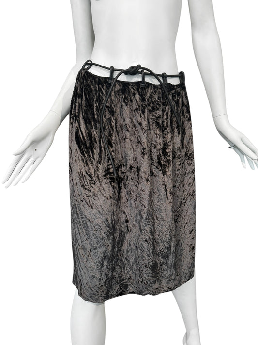 GUCCI FW1999 BY TOM FORD BROWN VELVET & LEATHER CORD WAISTBAND MIDI SKIRT