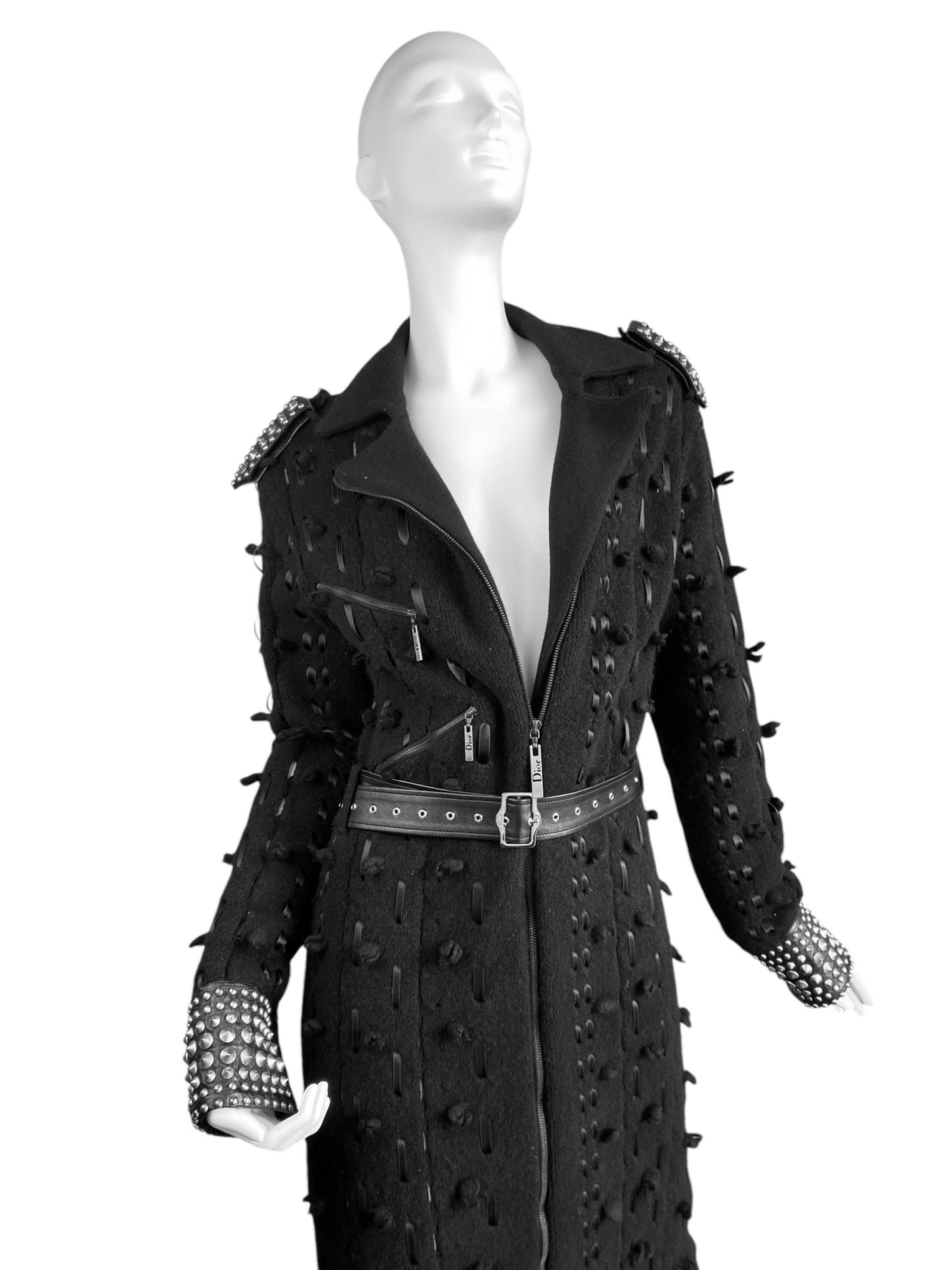 DIOR FW2004 BY GALLIANO BLACK WOOL LACED STUDDED MAXI COAT