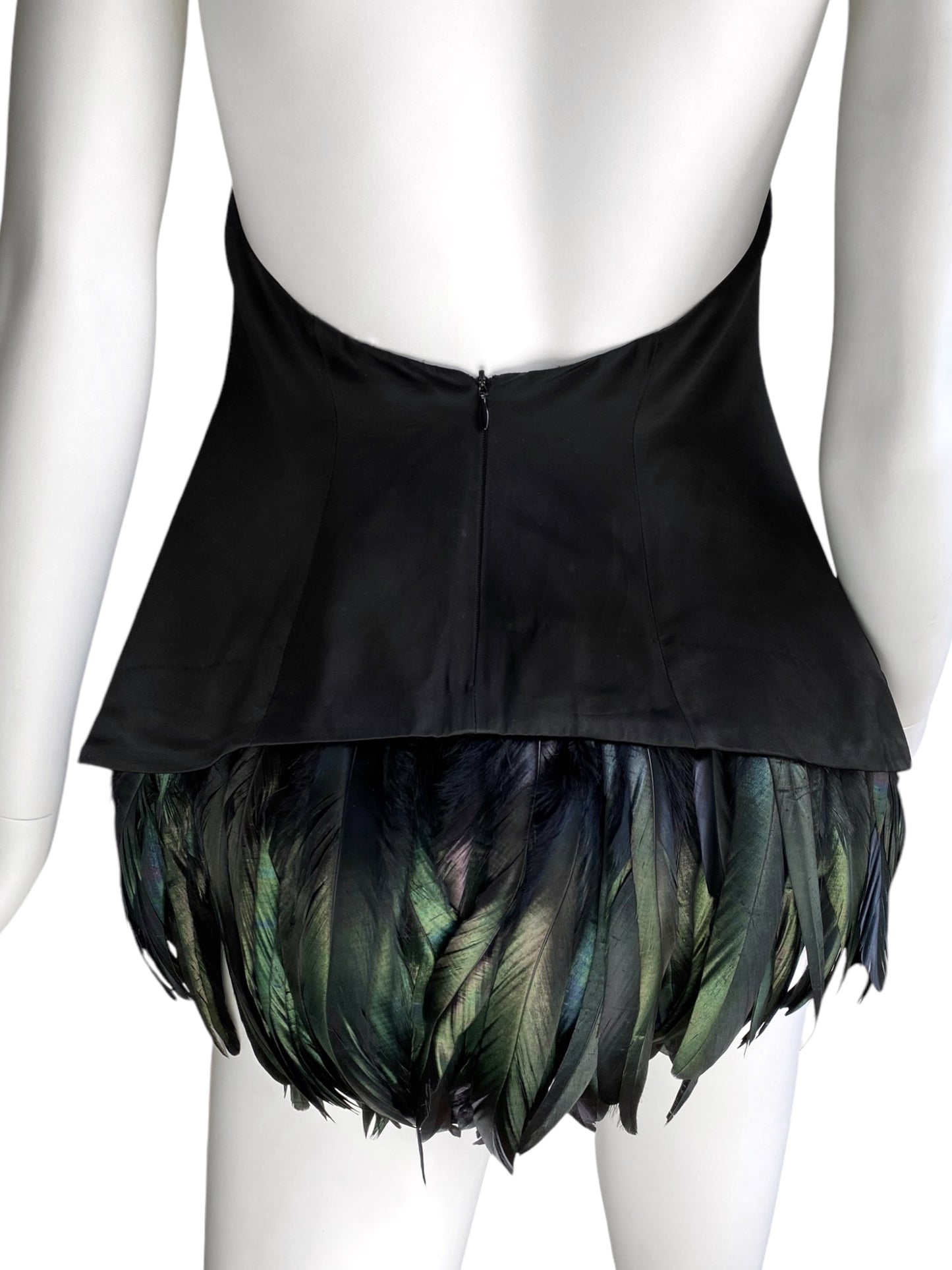 DICE KAYEK 2010s DARK GREEN ROOSTER FEATHERS BLACK HALTERNECK TOP/MINI DRESS