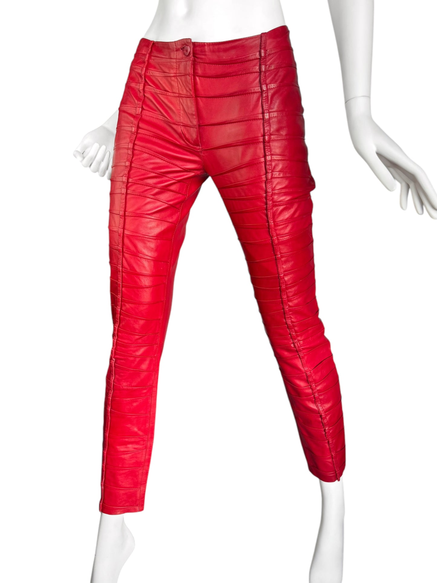 FAYÇAL AMOR SS2004 RED LAMB LEATHER DARTED PANTS