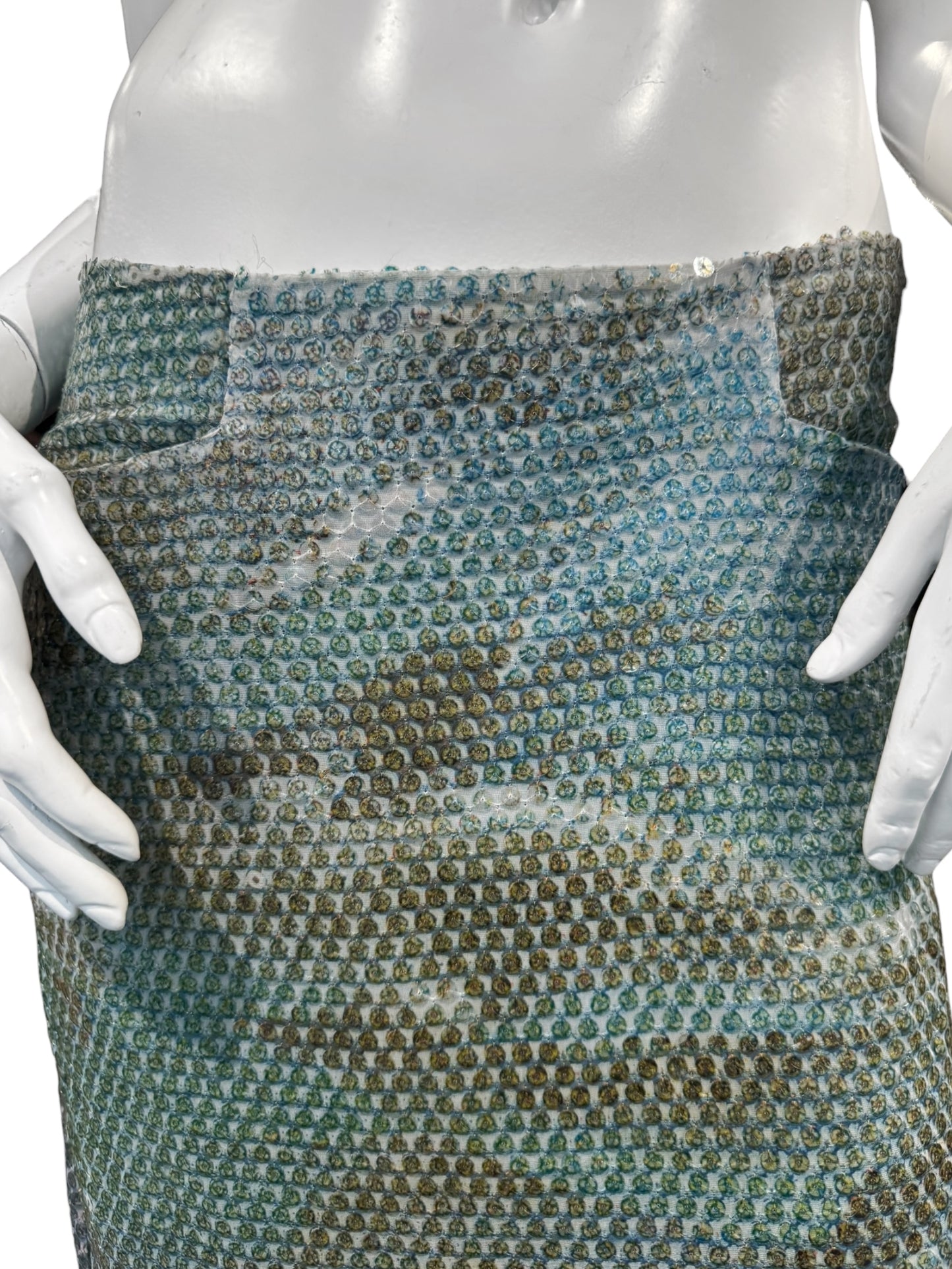 ALEXANDER MCQUEEN SS1997 «LA POUPÉE» BLUE SEQUINS DOLPHIN PRINT BUMSTER MIDI SKIRT