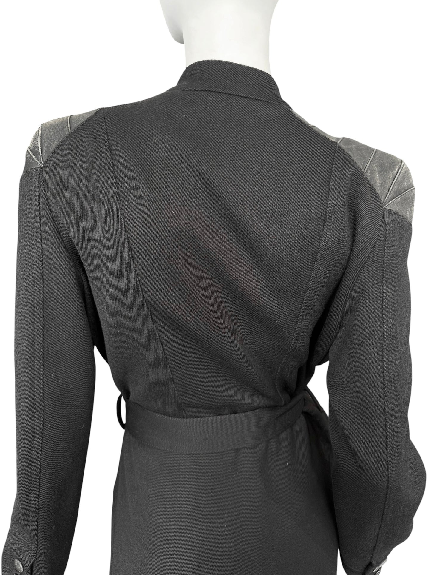 KAVIAR GAUCHE 2010s BLACK WOOK & LEATHER DOUBLE BREASTED COAT