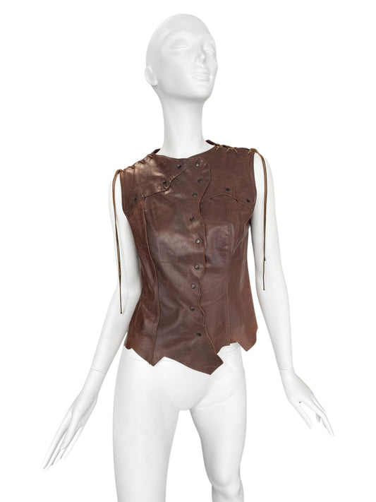 PLEIN SUD JEANS 2000s BROWN LEATHER STUDDED LACE-UP TOP