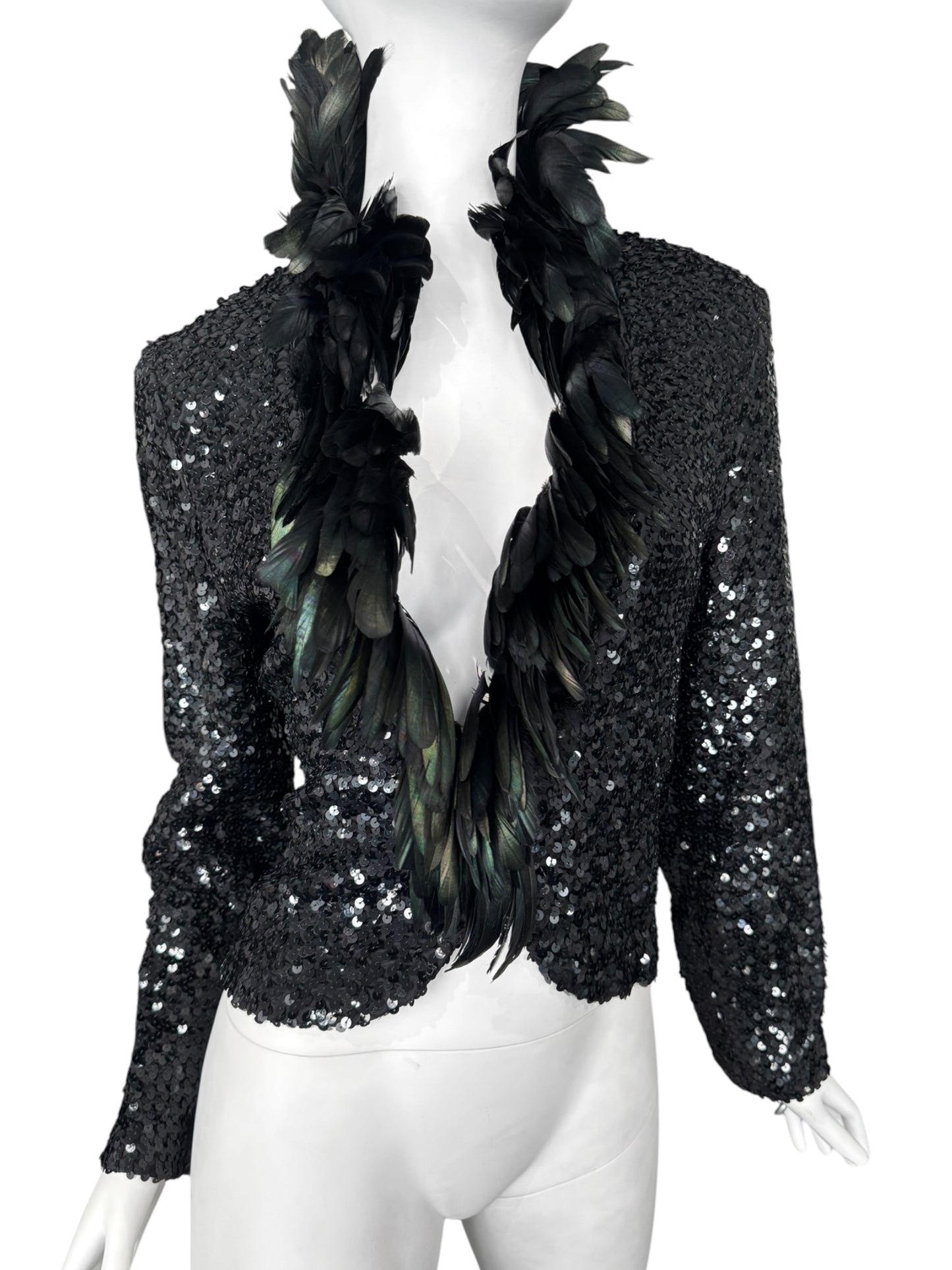 JEAN VARON 1960s BLACK SEQUINS & ROOSTER FEATHERS COLLAR JACKET