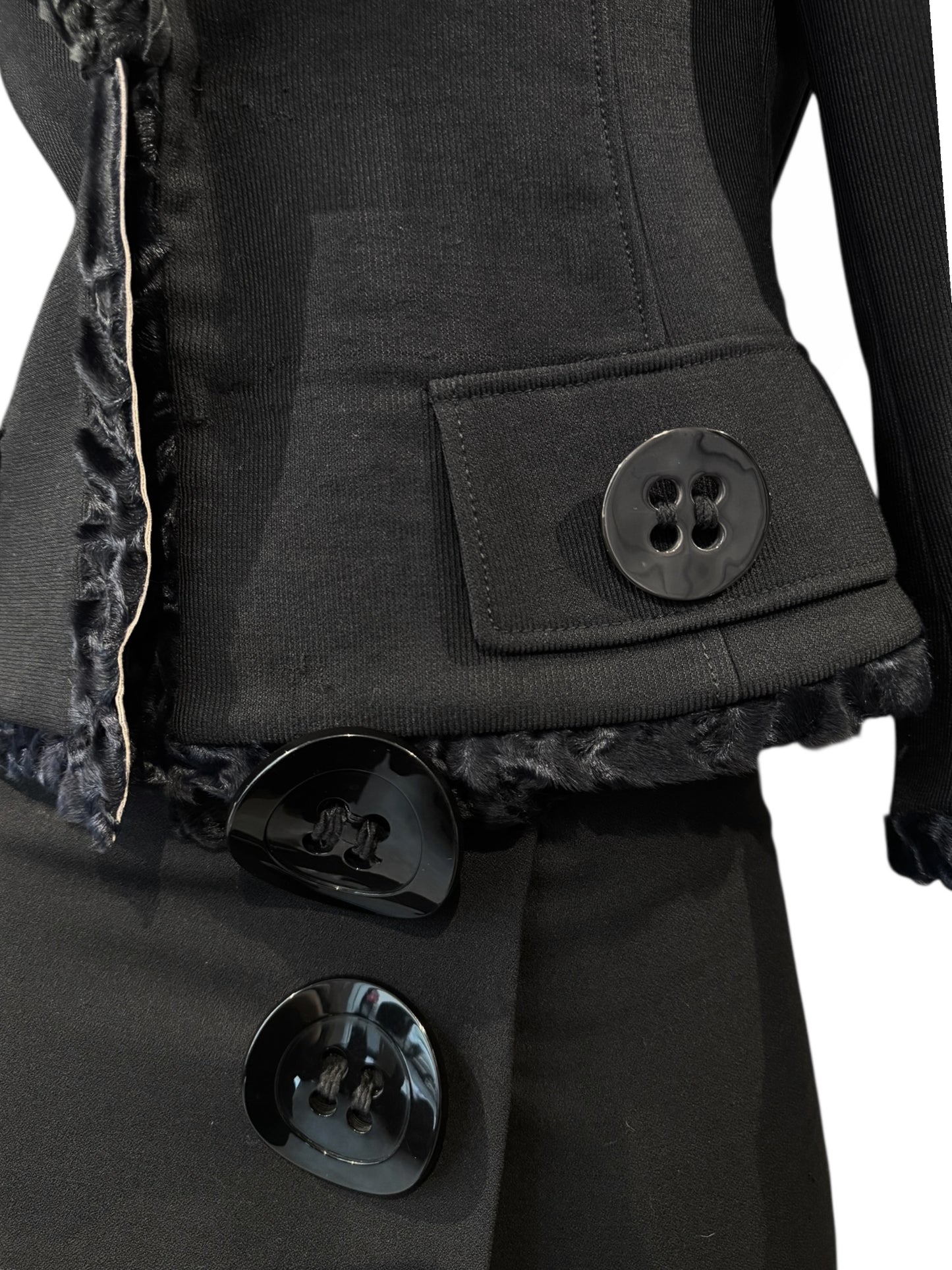 DOLCE & GABBANA FW2005 BLACK WOOL ASTRAKAN FUR TRIM BUTTONS SKIRT SUIT