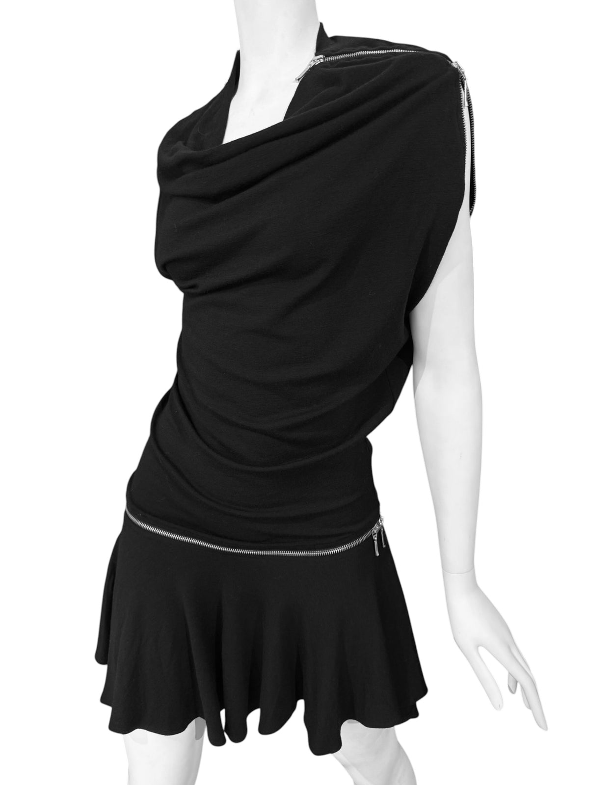 PLEIN SUD FW2003 BLACK ASYMMETRICAL ZIP MINI DRESS