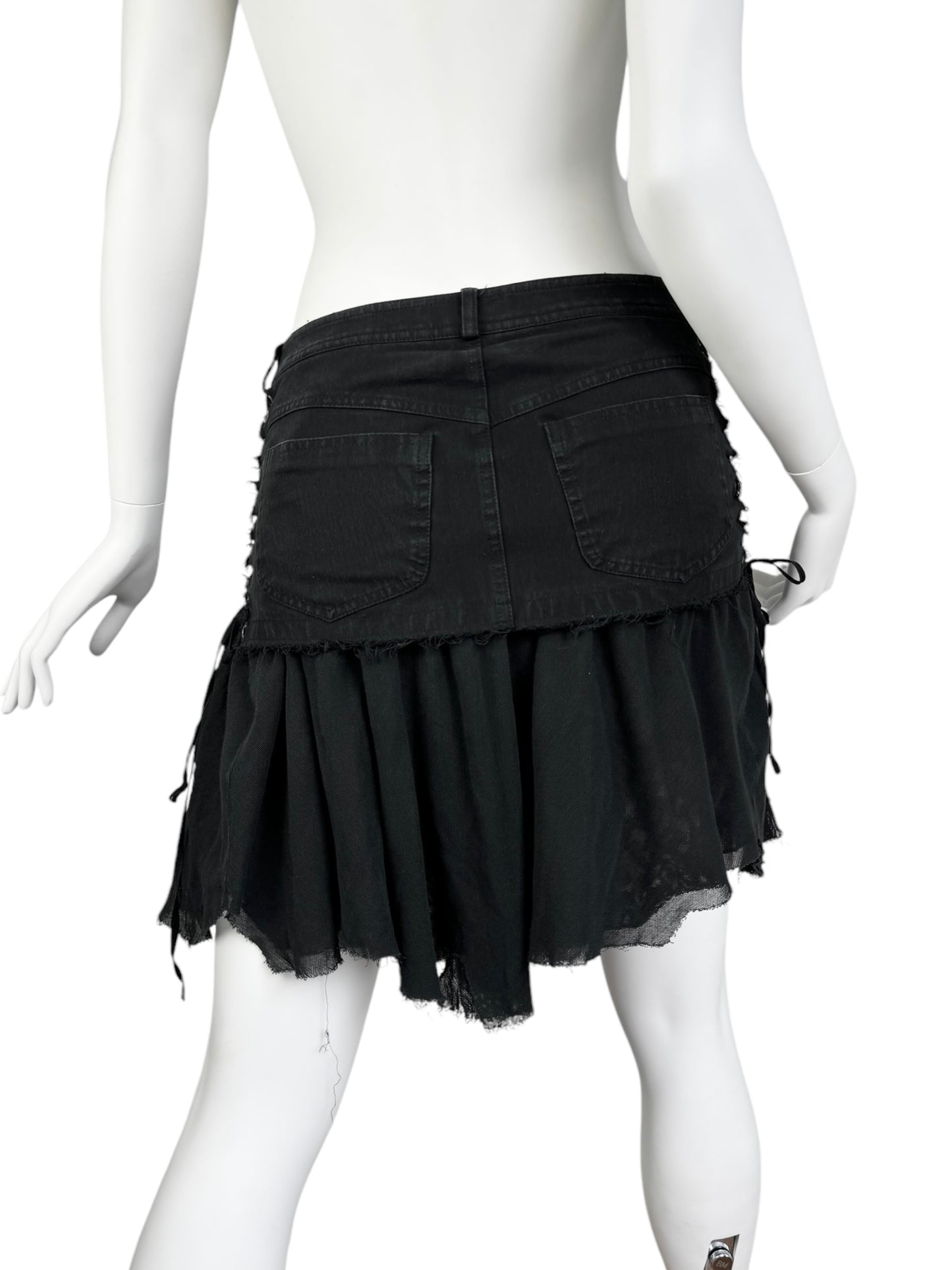 PLEIN SUD 2000s BLACK DENIM & TULLE LACED MINI SKIRT