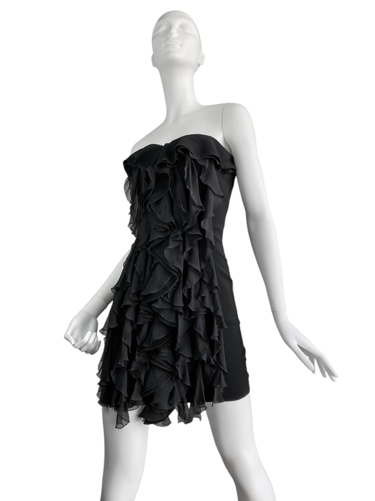 PLEIN SUD 2010s BLACK SILK RUFFLES BUSTIER MINI DRESS