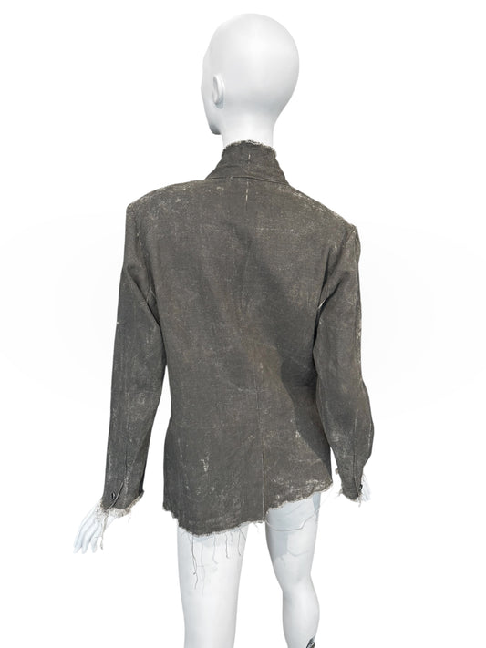 RIPVANWINKLE 2000s GREY LINEN PAINTED DISTRESS BLAZER