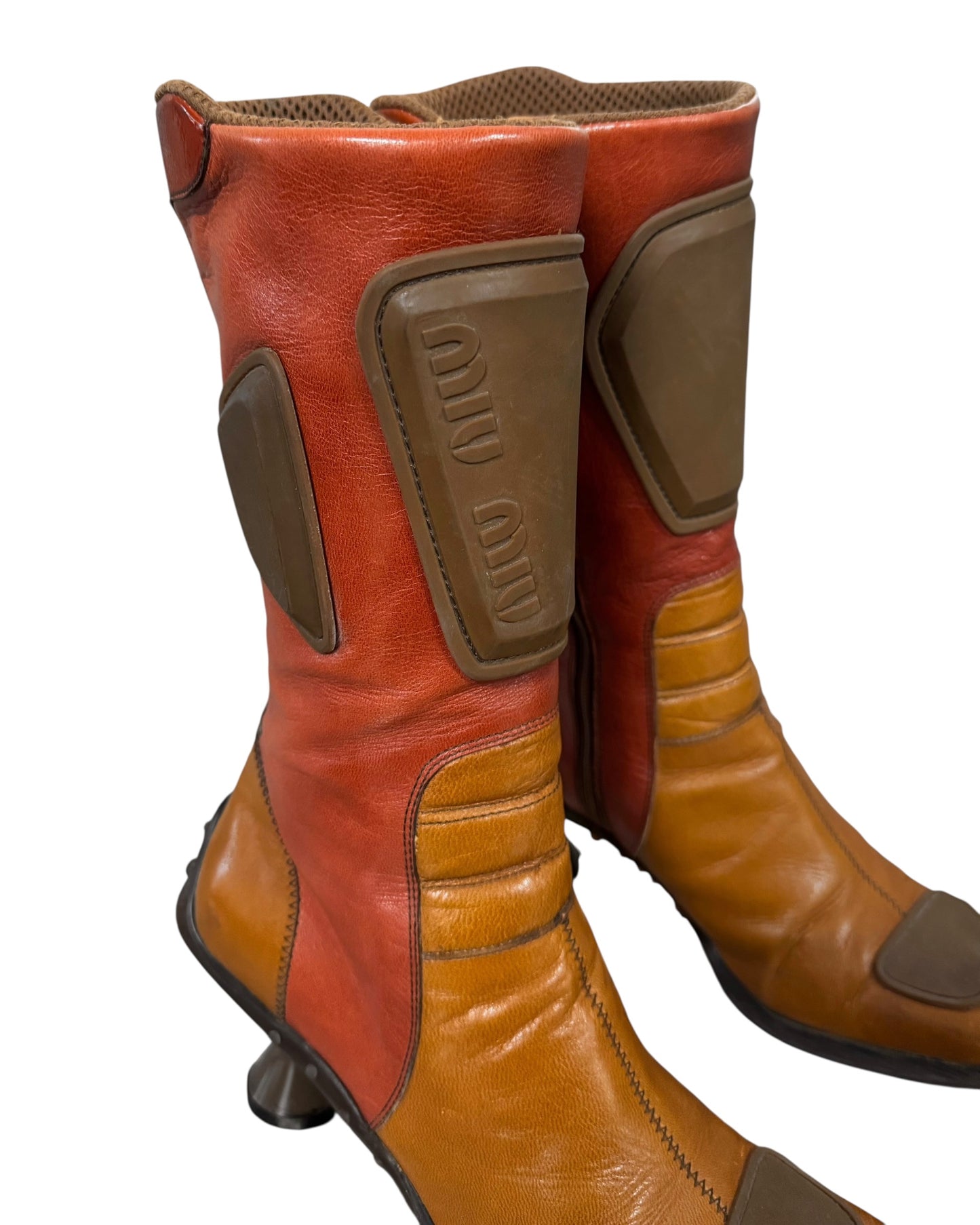 MIU MIU FW1999 ORANGE/RED/BROWN LEATHER BUBBLE SOLE BIKER BOOTS