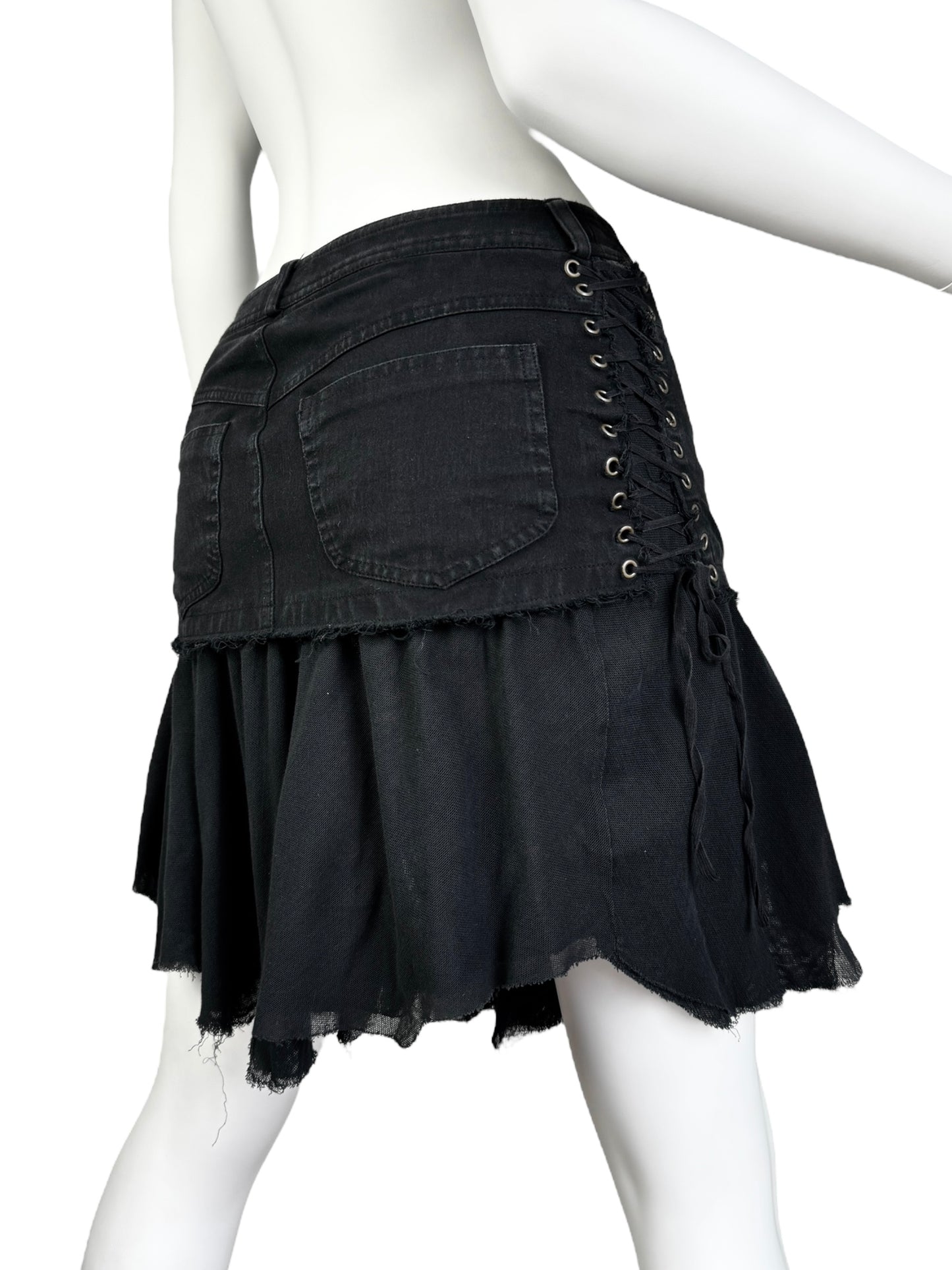 PLEIN SUD 2000s BLACK DENIM & TULLE LACED MINI SKIRT