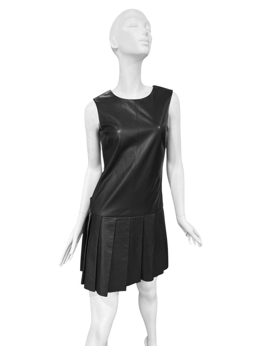 SIMONETTA RAVIZZA 2000s BLACK LEATHER OPEN BACK PLEATED MINI DRESS