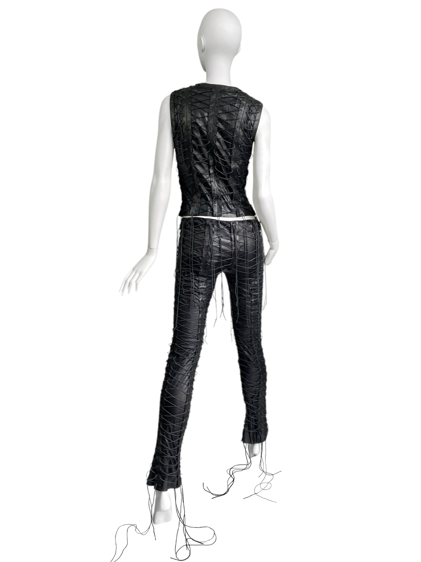 PLEIN SUD FW2002 BLACK LEATHER LACED-UP CAGE 2P. SET (JACKET + PANTS)