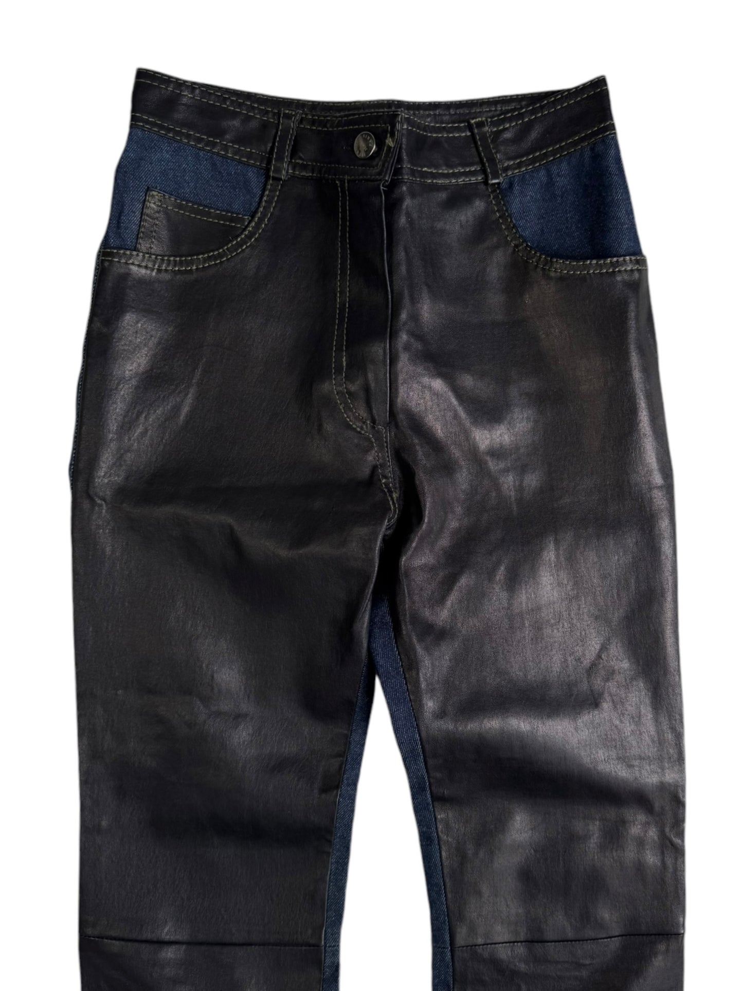 JITROIS 2010s BLACK LEATHER BLUE DENIM PANTS