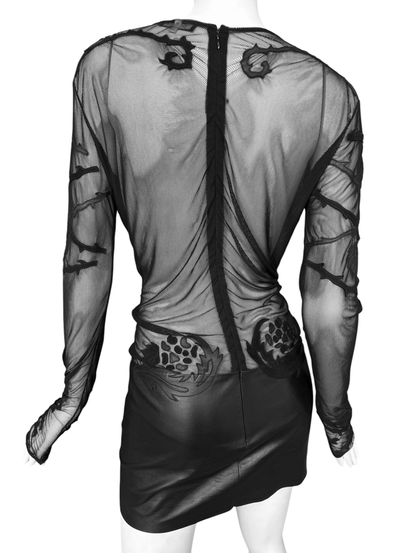 JITROIS 2012 BLACK MESH & LEATHER APPLIQUÉ SHEER MINI DRESS
