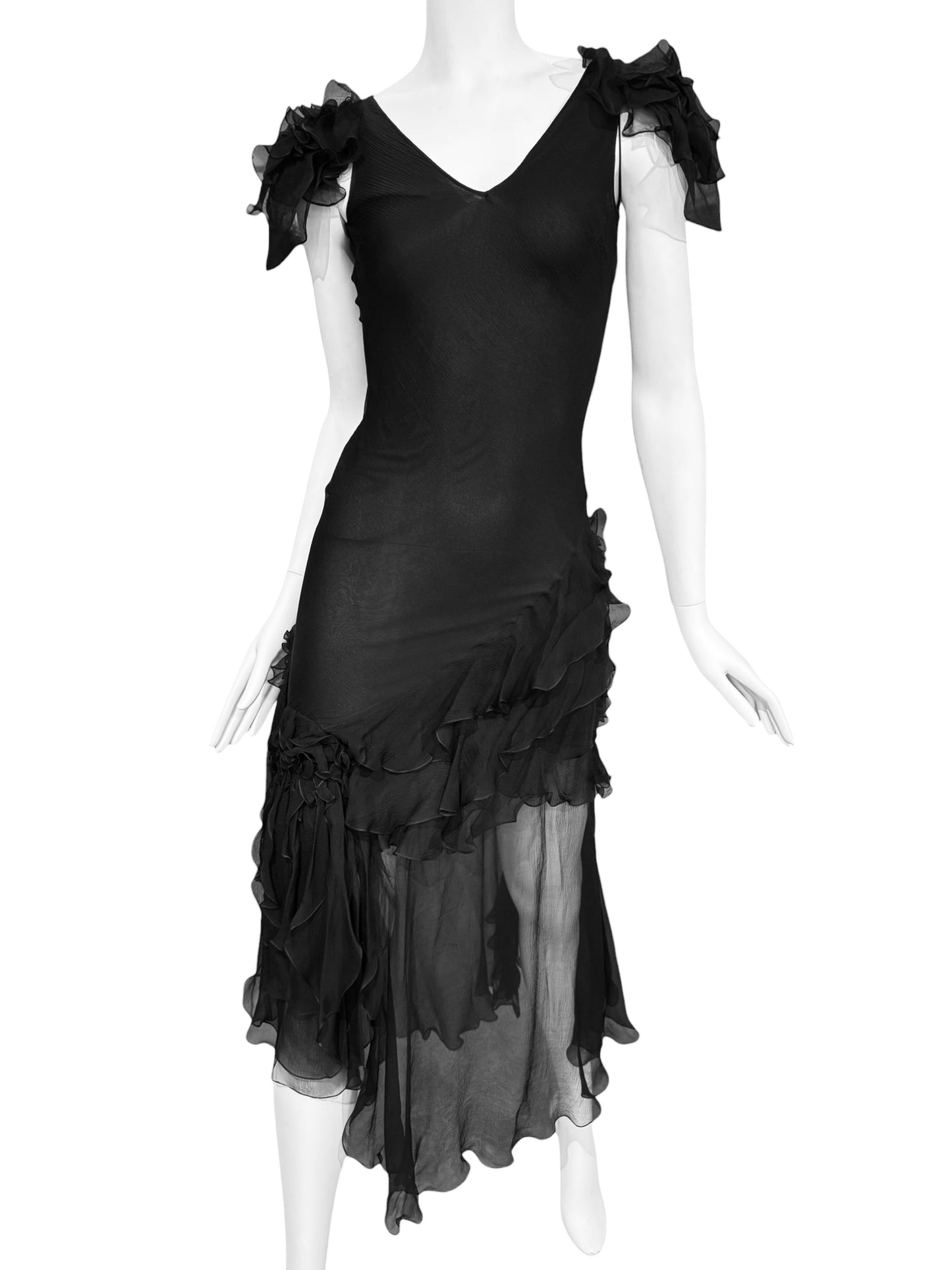 JOHN GALLIANO FW2004 BLACK SILK RUFFLES MAXI DRESS