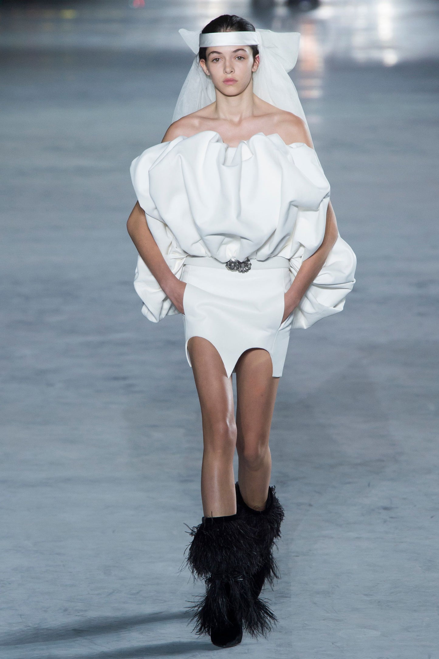 SAINT LAURENT SS2018 BY ANTHONY VACCARELLO BLACK VELVET & OSTRICH FEATHERS BOOTS