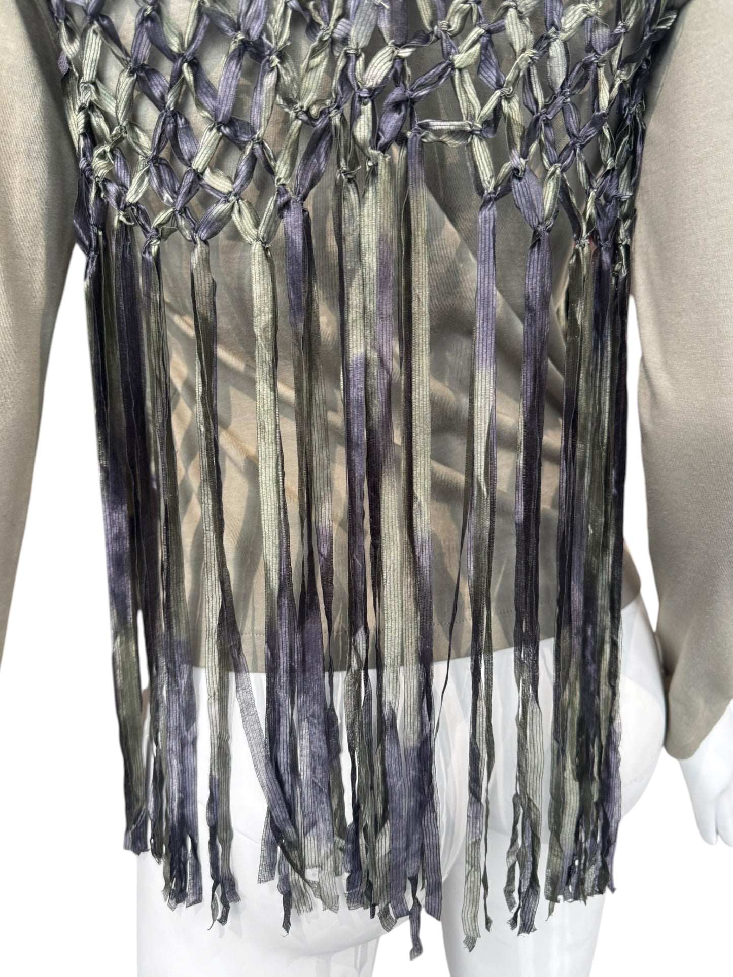 DIOR SS2003 BY JOHN GALLIANO KAKI COTTON & SILK KNOTTED FRINGE CARDIGAN