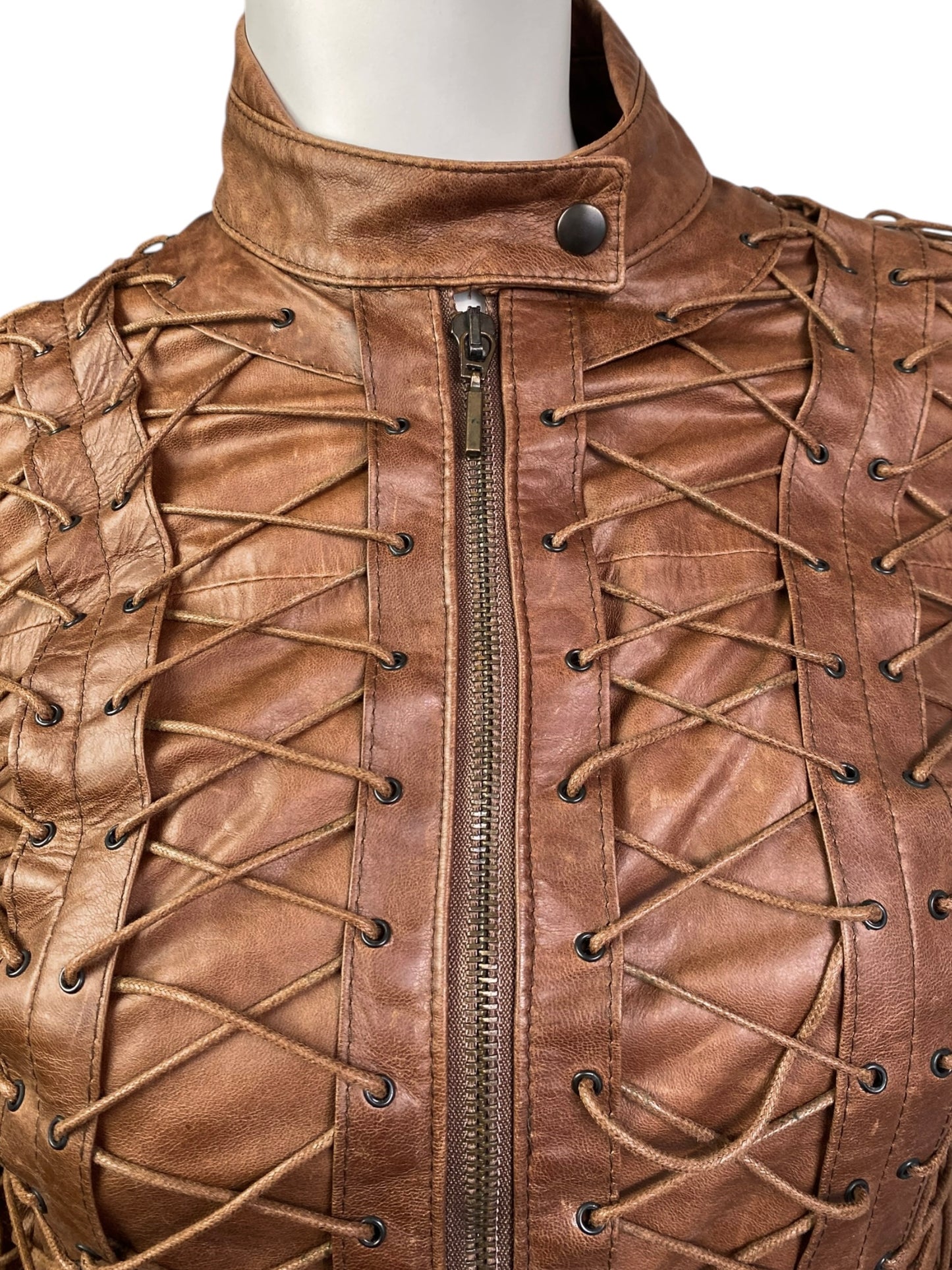 PLEIN SUD FW2002 BROWN LEATHER LACED-UP CAGE JACKET