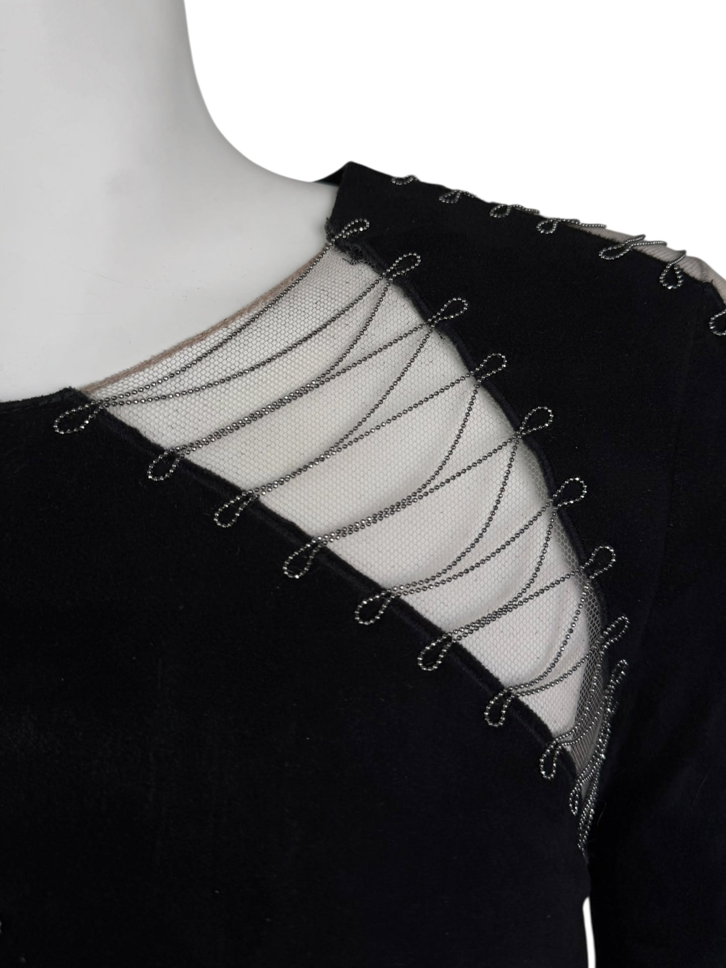 JITROIS 2000s BLACK SUEDE LEATHER TULLE CUT OUT MINI DRESS