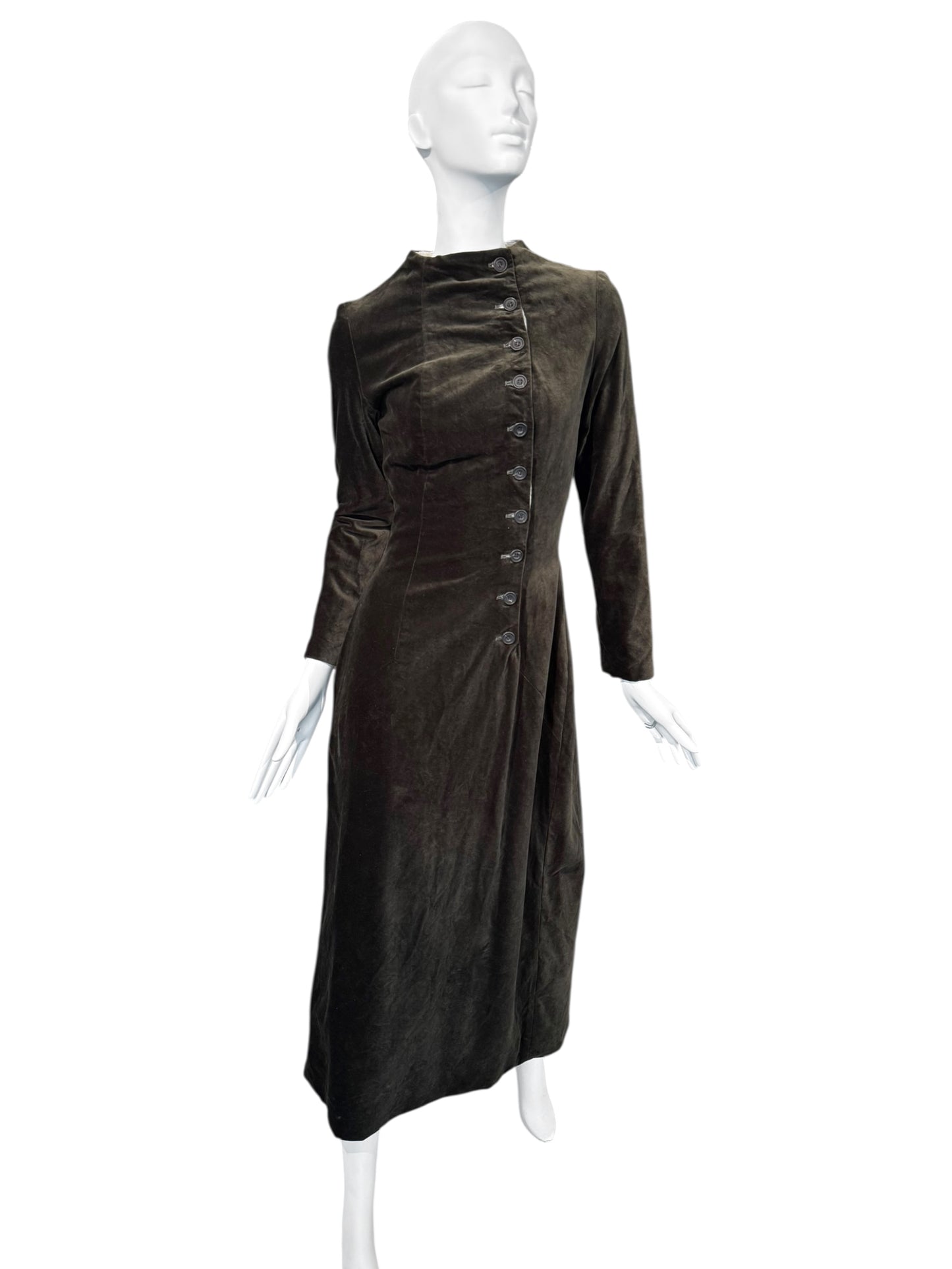 PAUL HARNDEN SHOEMAKERS 2000s DARK OLIVE VELVET MAXI ASYMMETRIC BUTTON MAXI DRESS