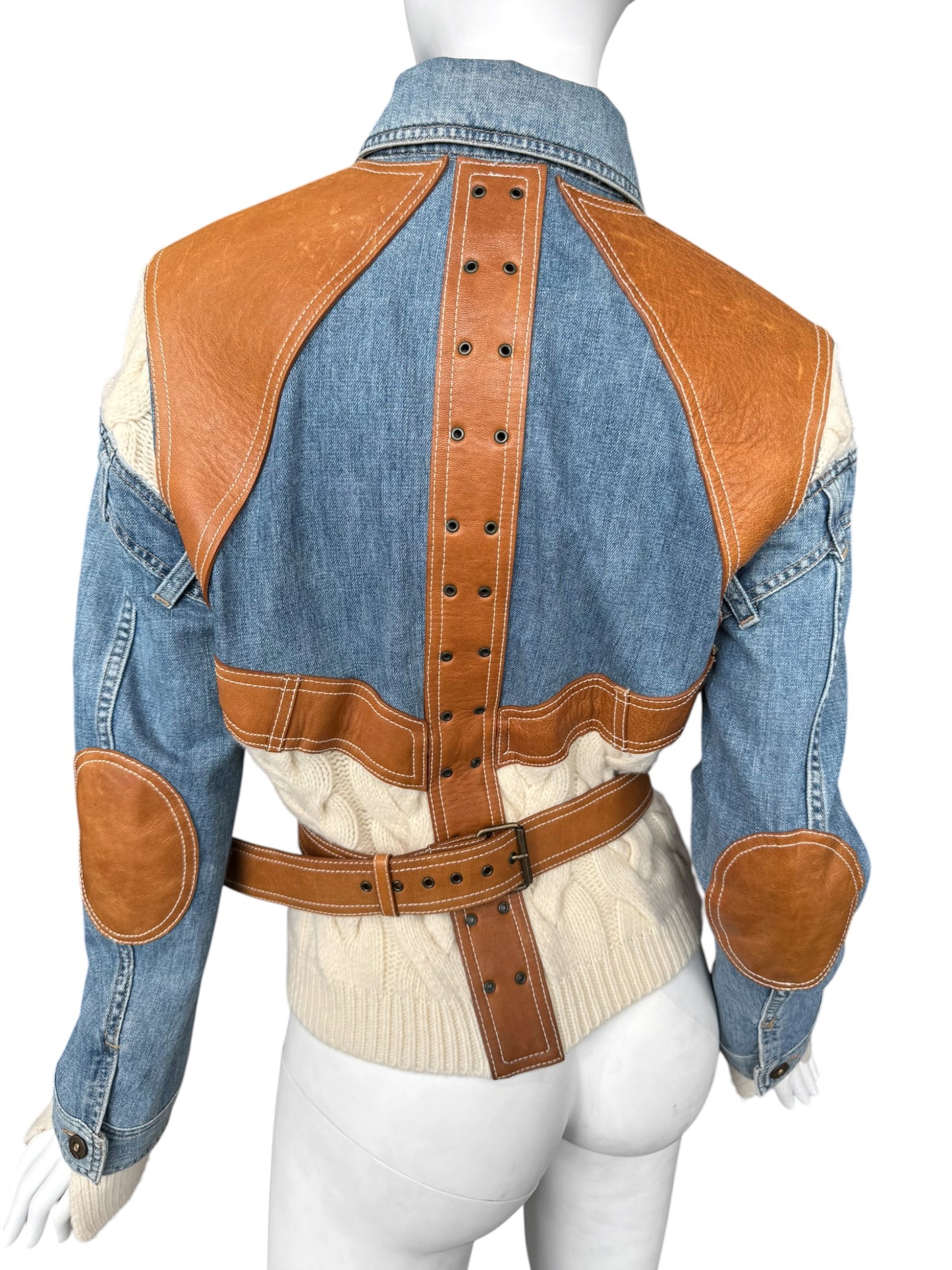 ALEXANDER MCQUEEN SS2004 ‘DELIVERANCE’ BLUE DENIM, BROWN LEATHER & CREAM KNIT PATCHWORK JACKET