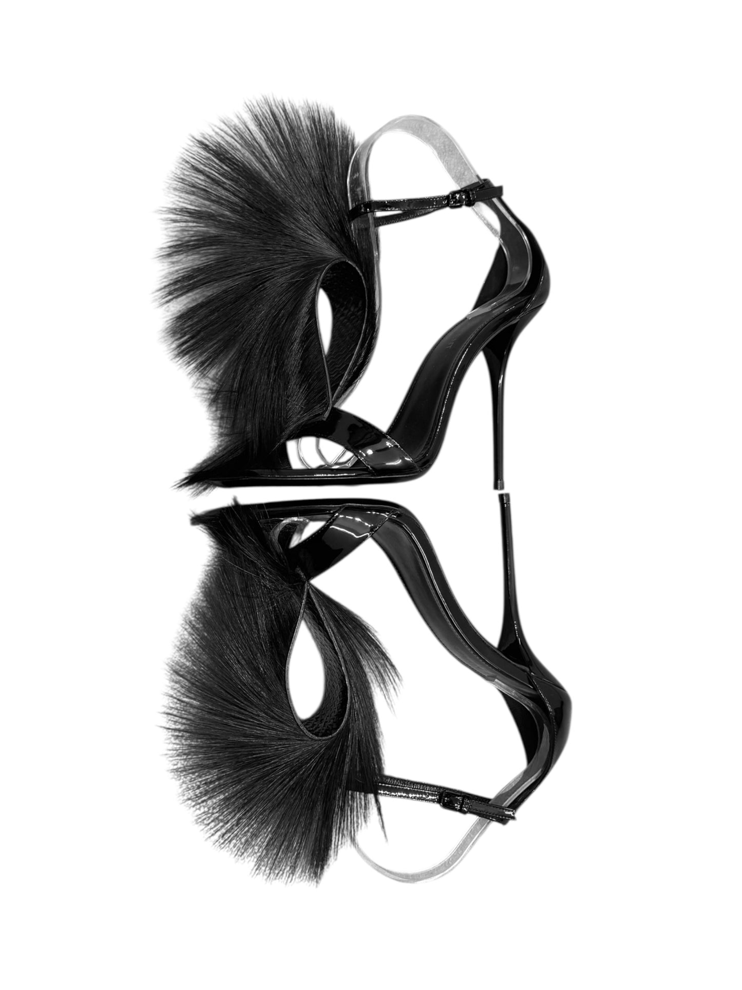 SAINT LAURENT FW2018 BY ANTHONY VACCARELLO BLACK LEATHER & ANTILOPE FUR STRAPPY HEELED SANDALS