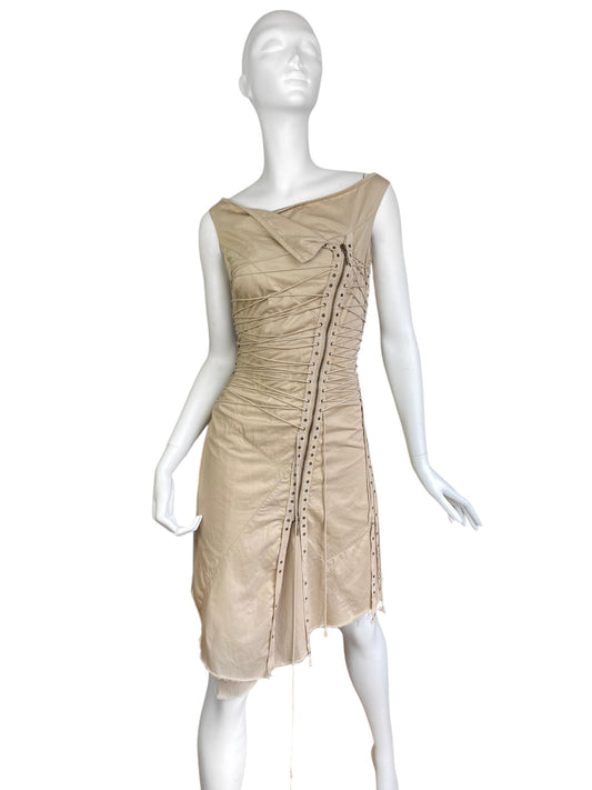 PLEIN SUD SS2003 BEIGE LACED-UP BONDAGE MIDI DRESS