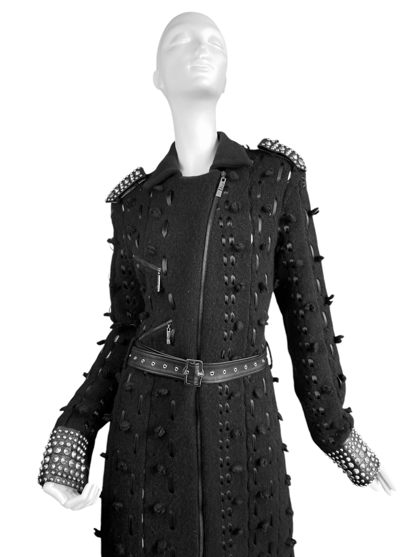 DIOR FW2004 BY GALLIANO BLACK WOOL LACED STUDDED MAXI COAT