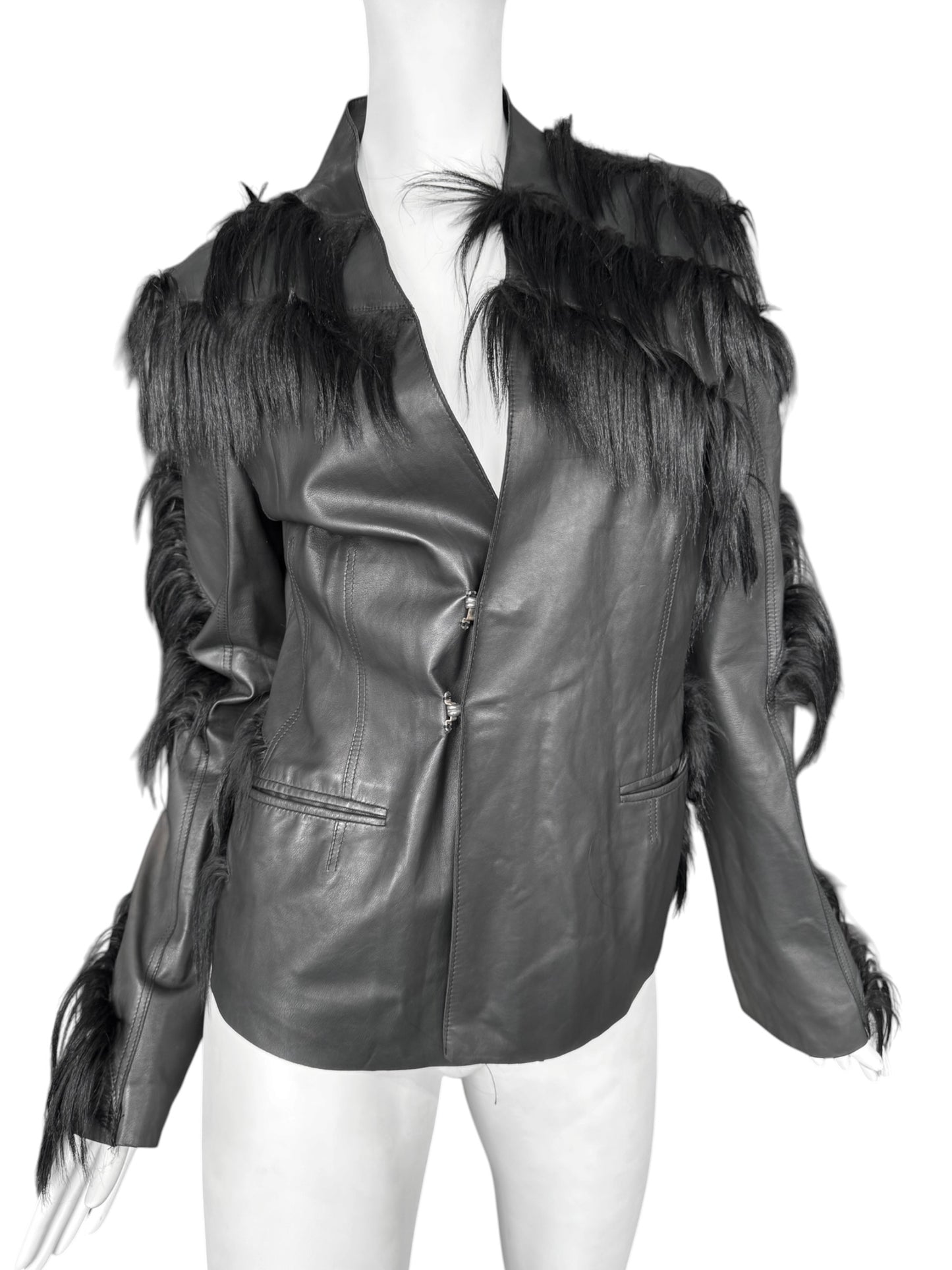 REVILLON FW2003 BY RICK OWENS BLACK LEATHER & MONKEY FUR JACKET