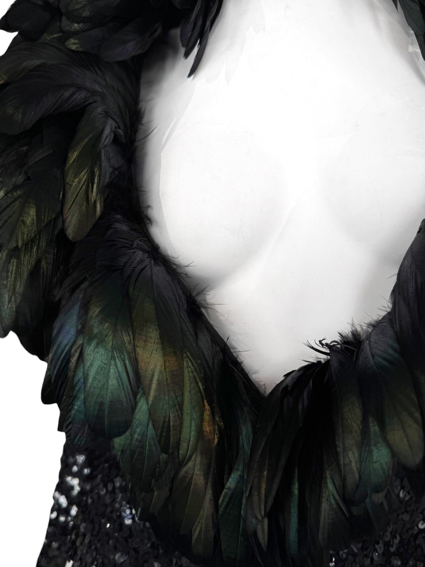 JEAN VARON 1960s BLACK SEQUINS & ROOSTER FEATHERS COLLAR JACKET