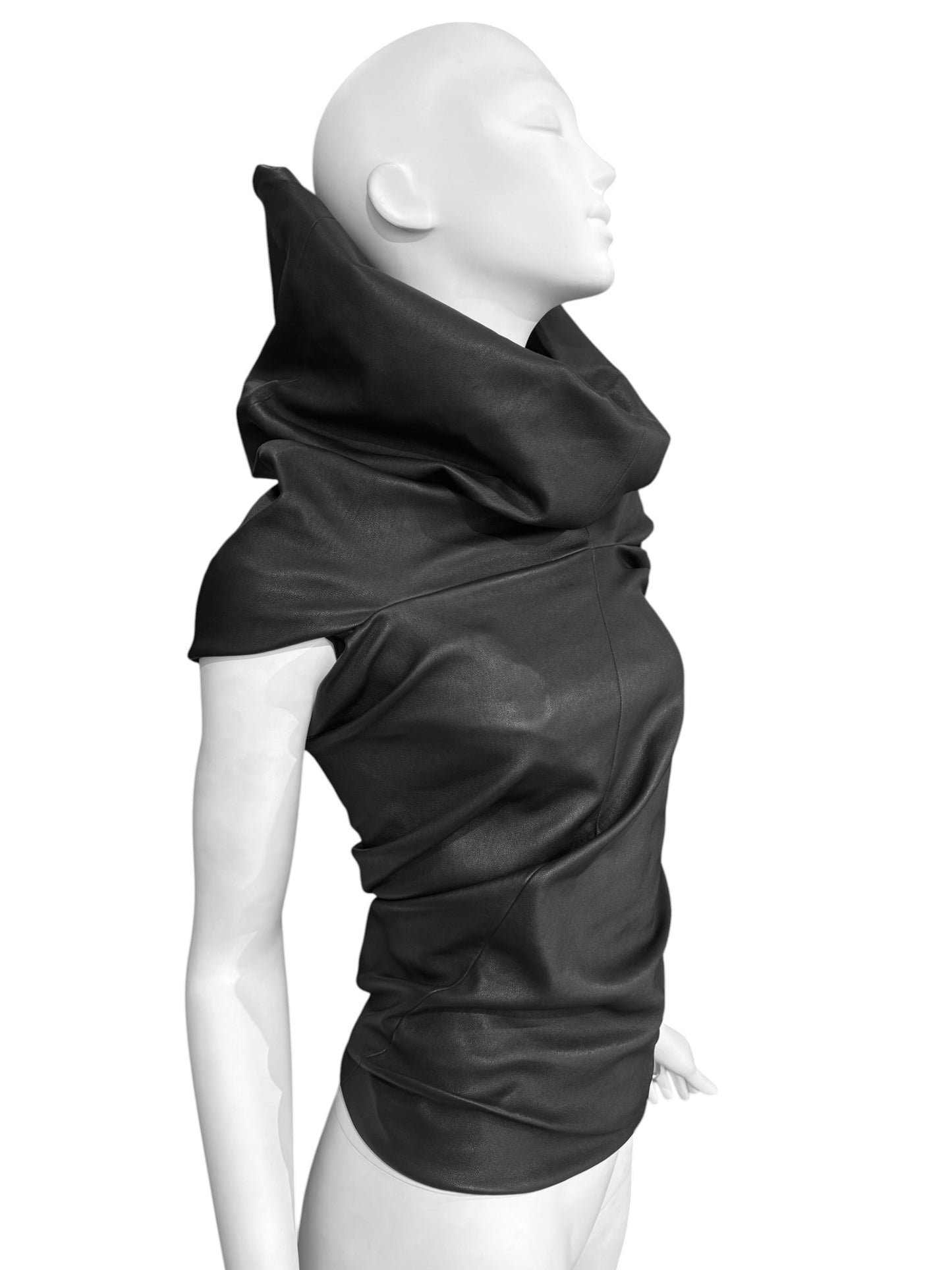 RICK OWENS SS2024 «LIDO» BLACK LEATHER DRAPED TANK TOP