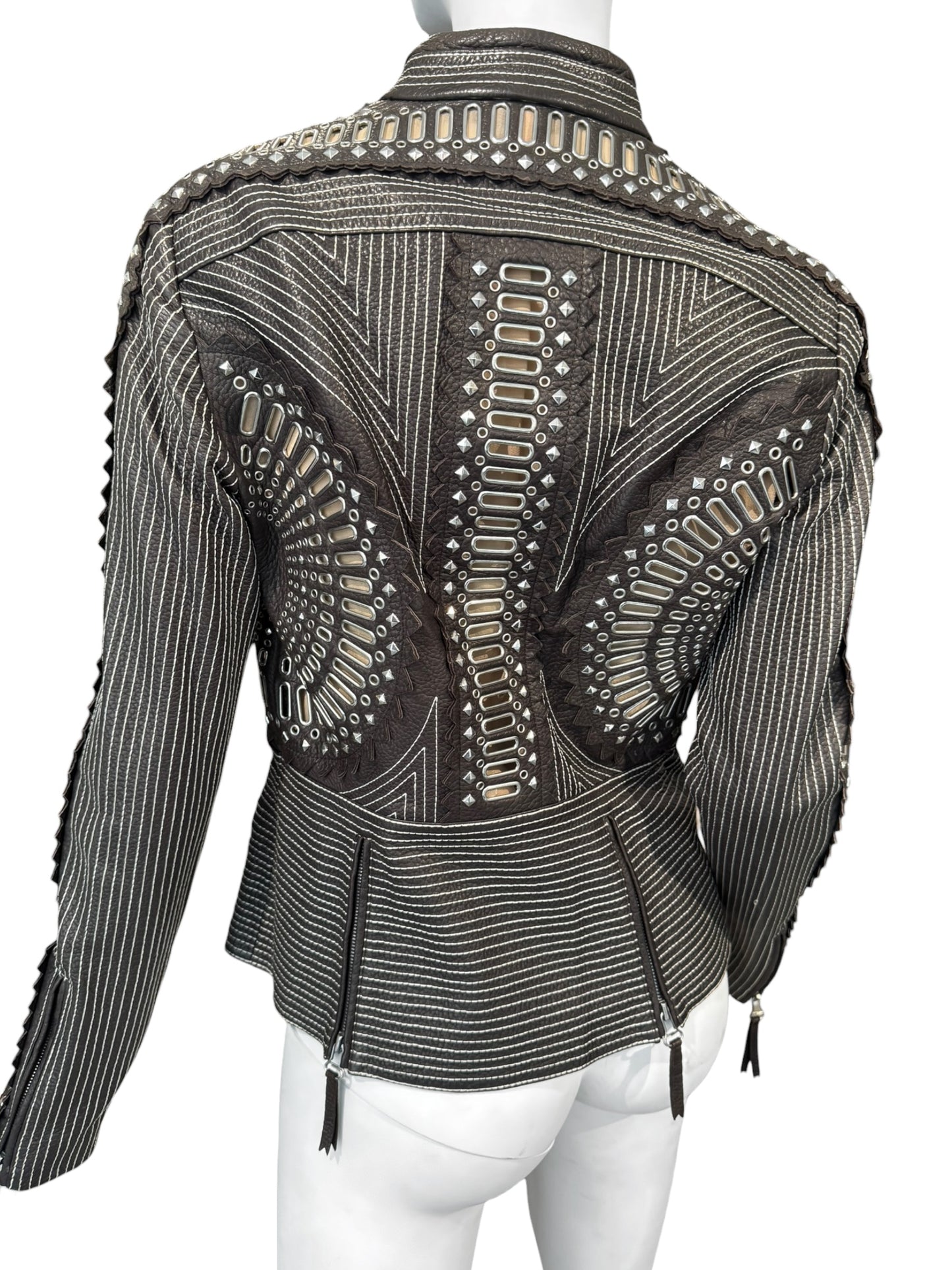 GIANFRANCO FERRE SS2004 DARK BROWN LEATHER GROMMET & STUD EMBELLISHED JACKET