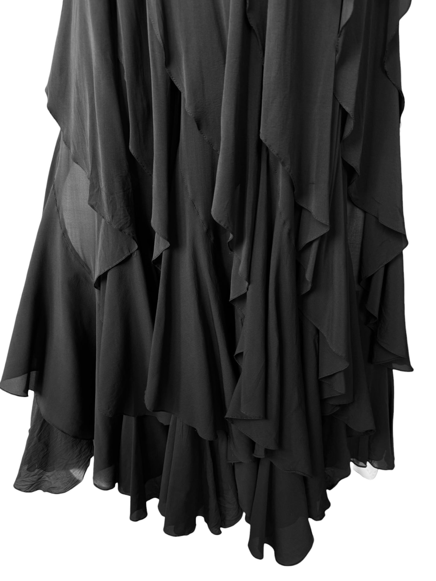 PLEIN SUD SS2000 BLACK SILK CASCADING RUFFLES MAXI SKIRT