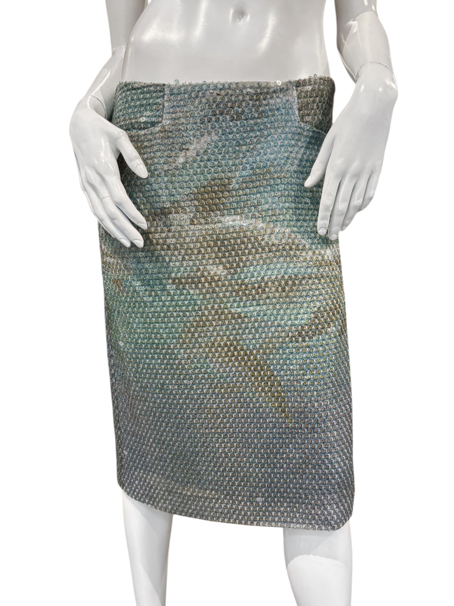 ALEXANDER MCQUEEN SS1997 «LA POUPÉE» BLUE SEQUINS DOLPHIN PRINT BUMSTER MIDI SKIRT