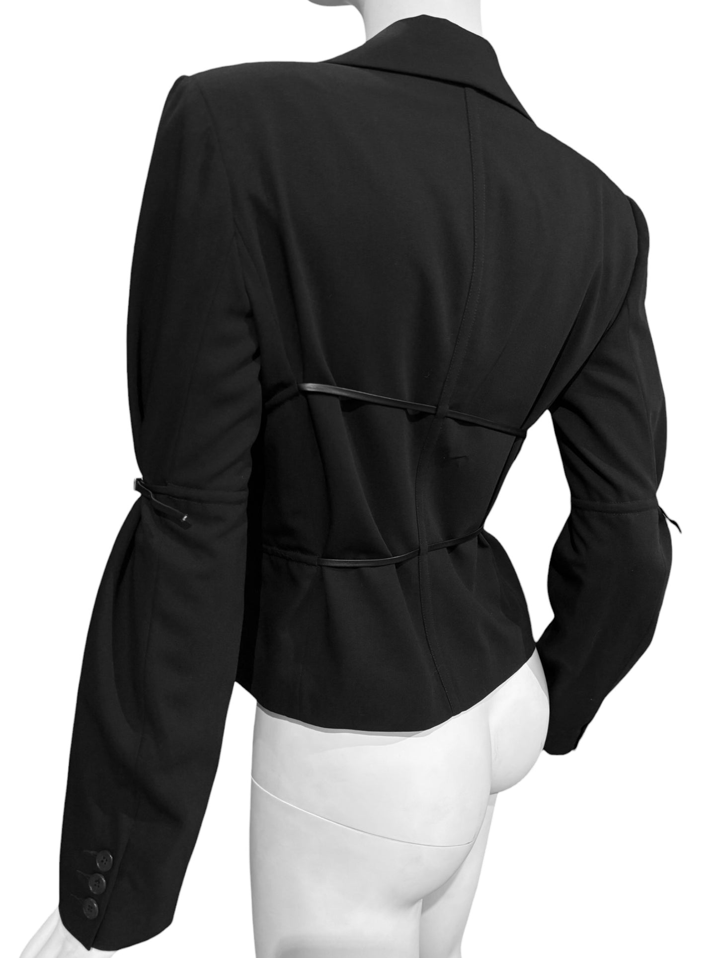 PLEIN SUD 1990s BLACK WOOL LEATHER STRAPS BLAZER