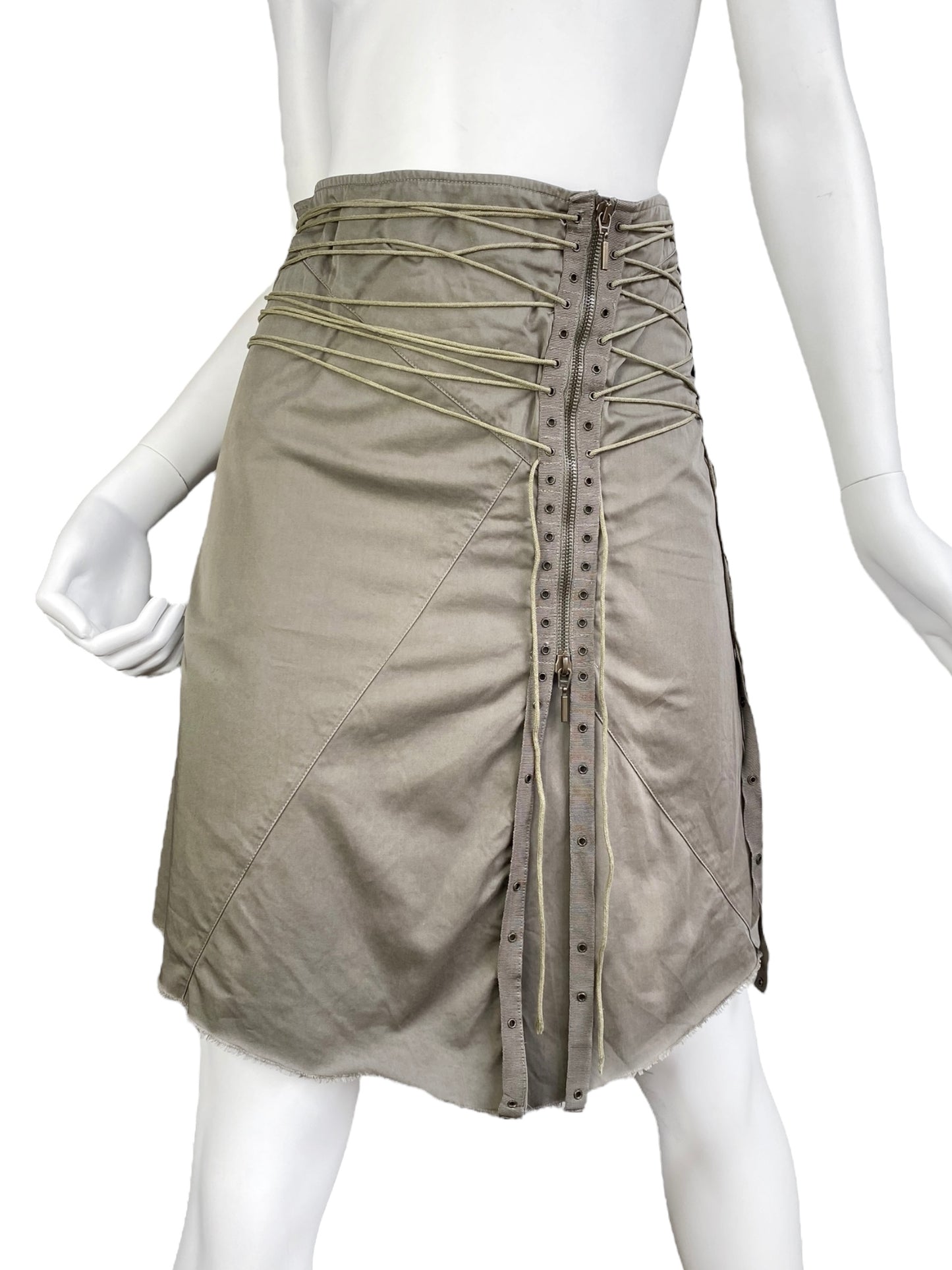 PLEIN SUD SS2003 KHAKI LACED-UP BONDAGE MIDI SKIRT