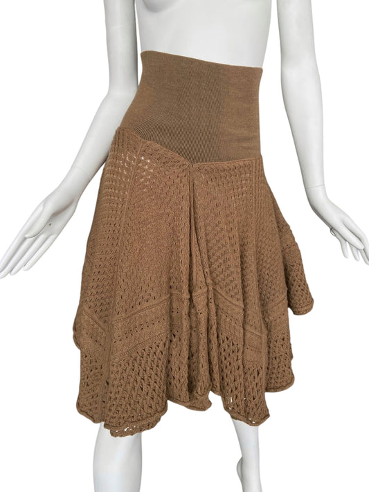 PLEIN SUD FW2006 LIGHT BROWN KNIT ASYMMETRICAL HIGH WAISTED MIDI SKIRT