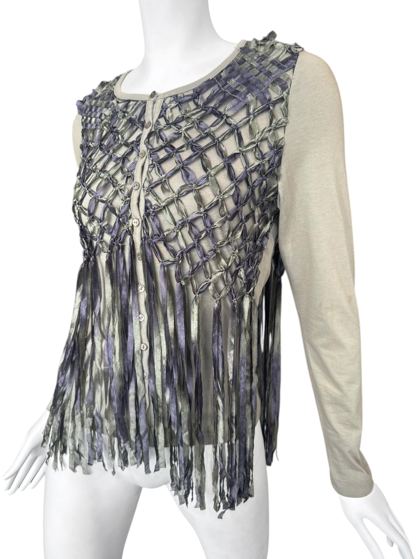 DIOR SS2003 BY JOHN GALLIANO KAKI COTTON & SILK KNOTTED FRINGE CARDIGAN