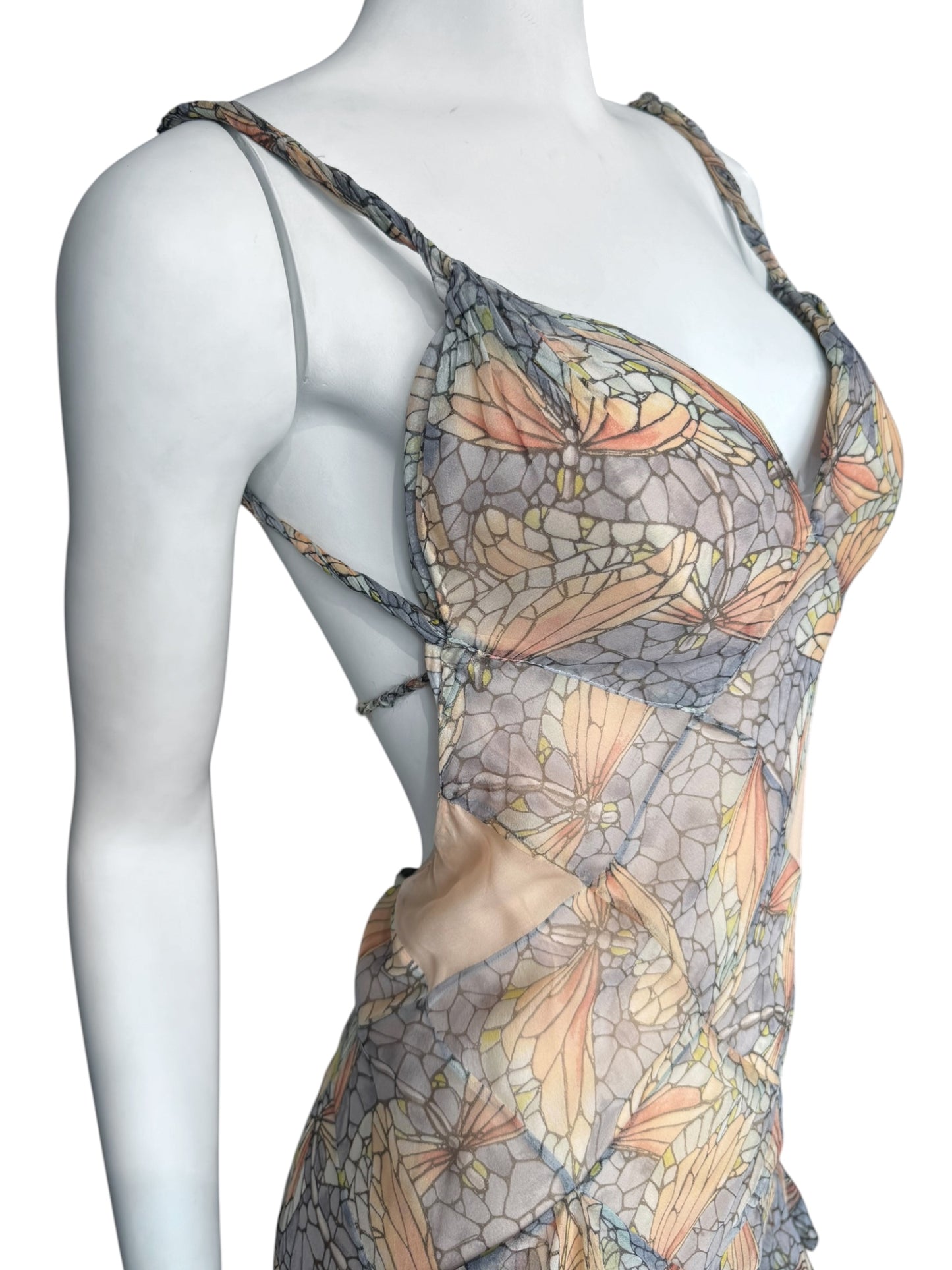 ALEXANDER MCQUEEN SS2004 ‘DELIVERANCE’ SILK STAINED GLASS BUTTERFLY PRINT RUFFLES MAXI DRESS
