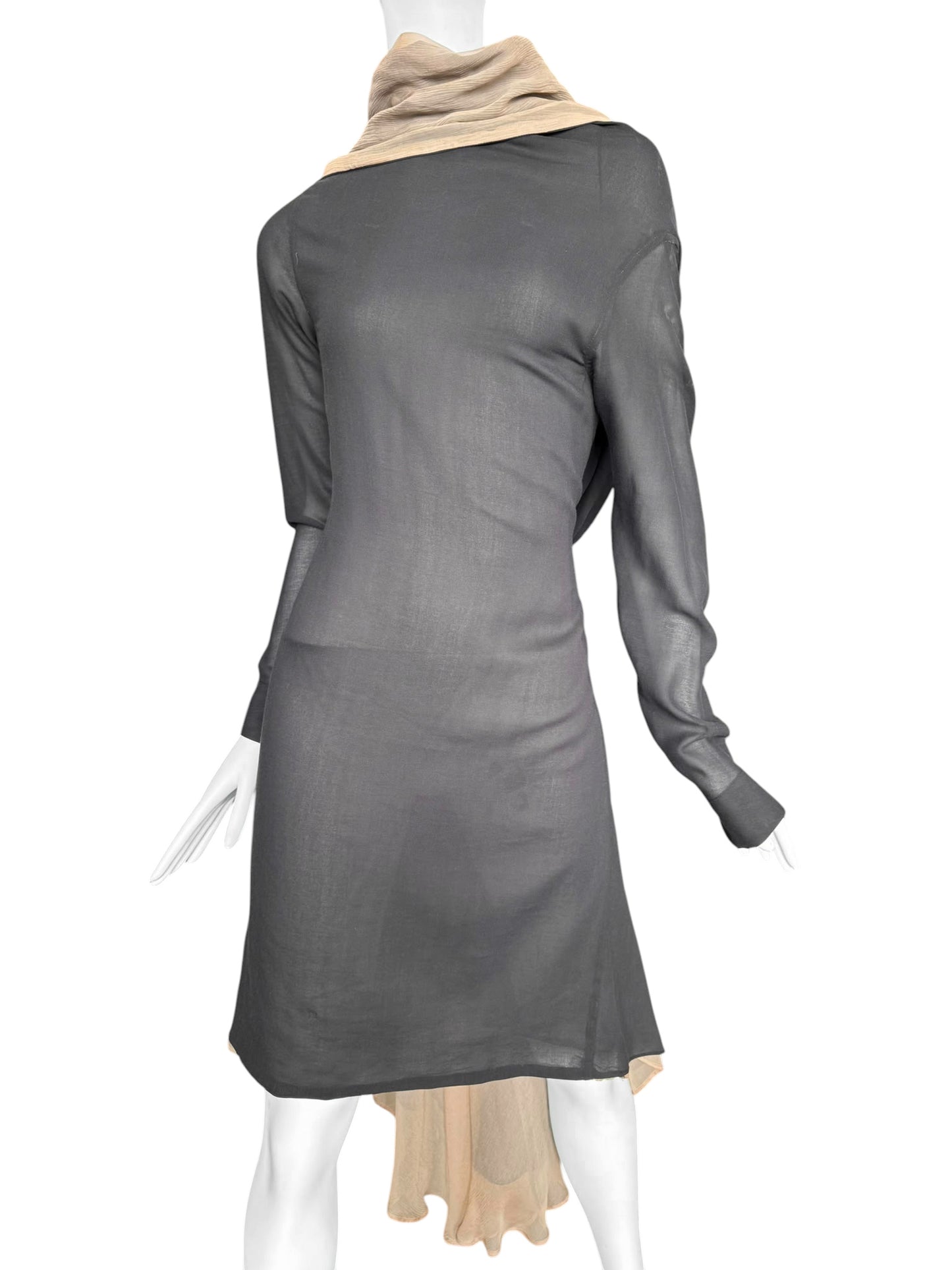 GUSTAVO LINS HAUTE COUTURE SS2009 DARK GREY & BEIGE SILK LAYERED PLEATED MIDI DRESS