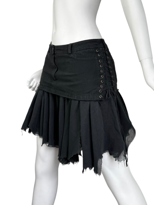 PLEIN SUD 2000s BLACK DENIM & TULLE LACED MINI SKIRT