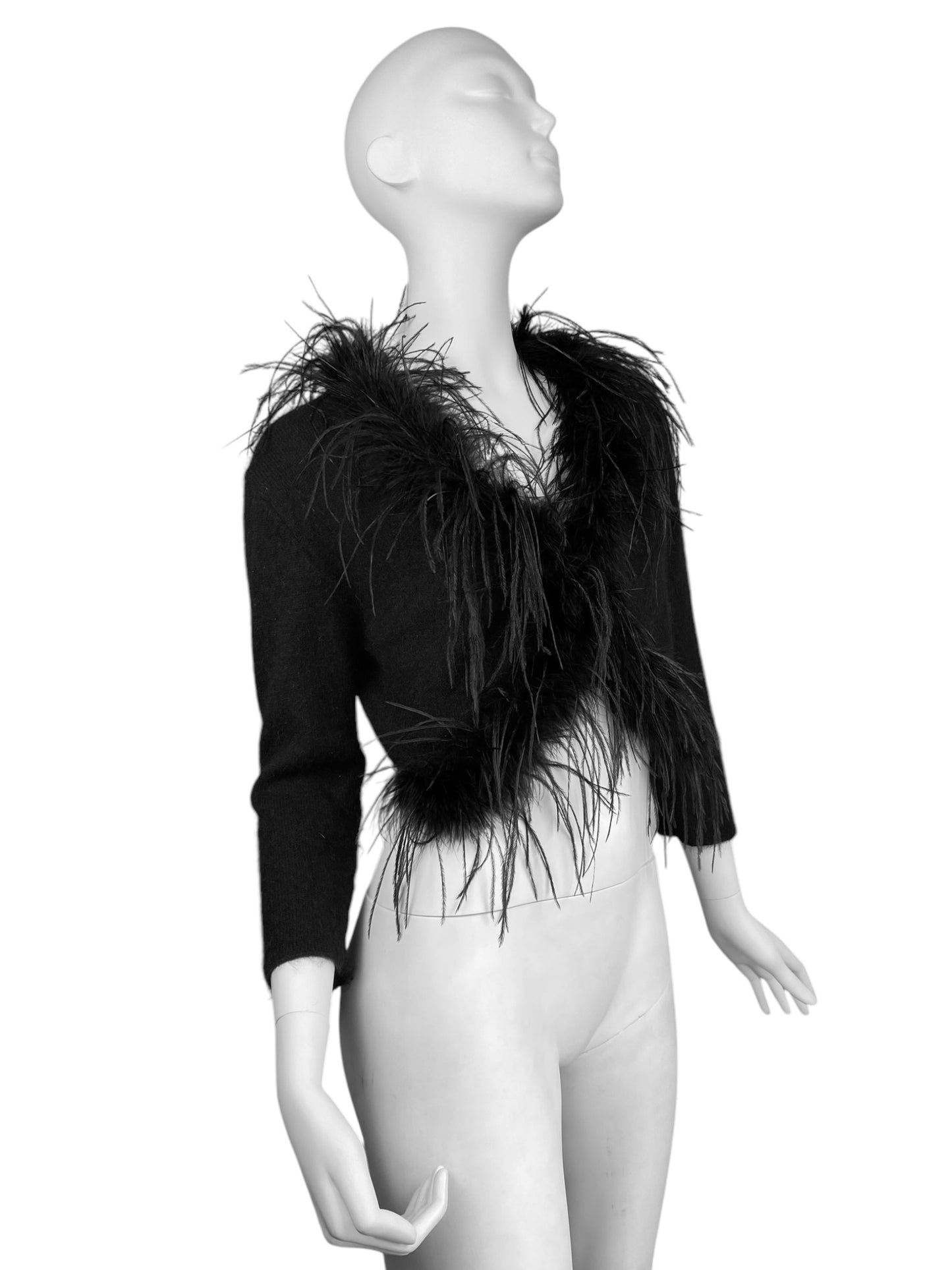 2000s BLACK ANGORA OSTRICH FEATHERS CARDIGAN