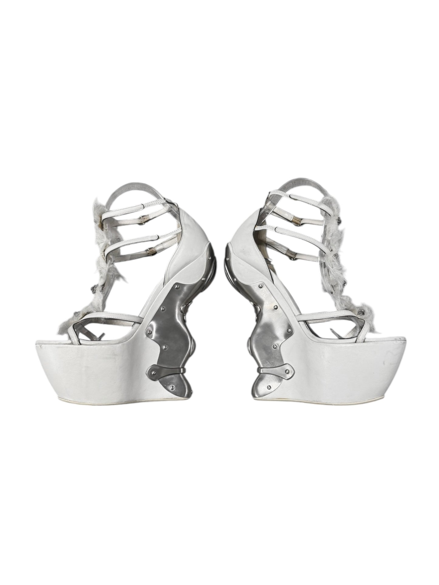 ALEXANDER MCQUEEN FW2011 BY SARAH BURTON WHITE LEATHER, SILK & METAL WEDGE SANDALS